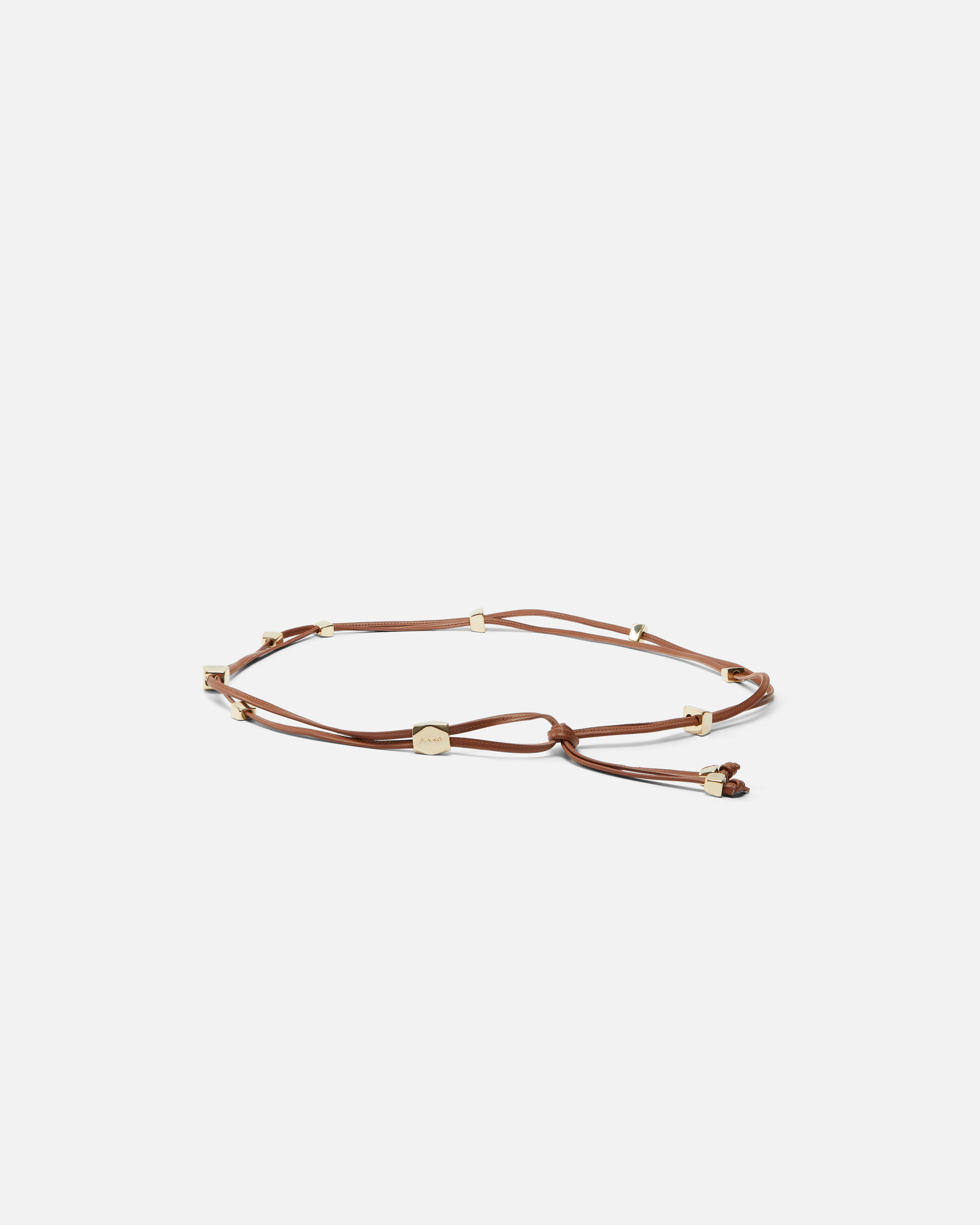 Pinko Tubular Leather Belt With Gold Metal Nuggets In Marrone Leone- Brushed Gold