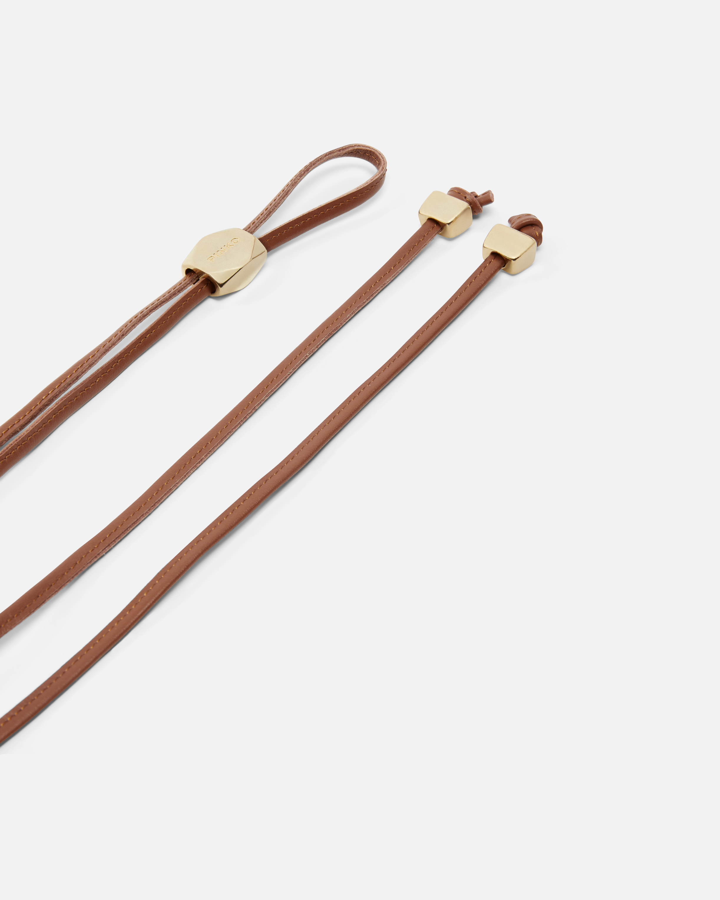 Pinko Tubular Leather Belt With Gold Metal Nuggets In Marrone Leone- Brushed Gold