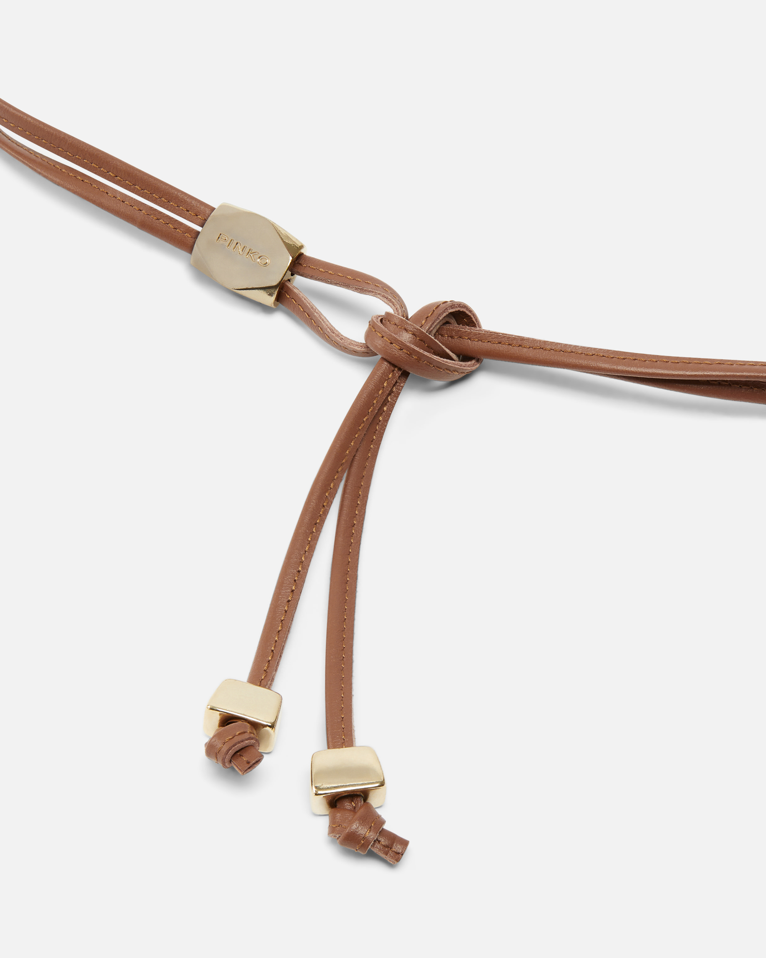 Pinko Tubular Leather Belt With Gold Metal Nuggets In Marrone Leone- Brushed Gold