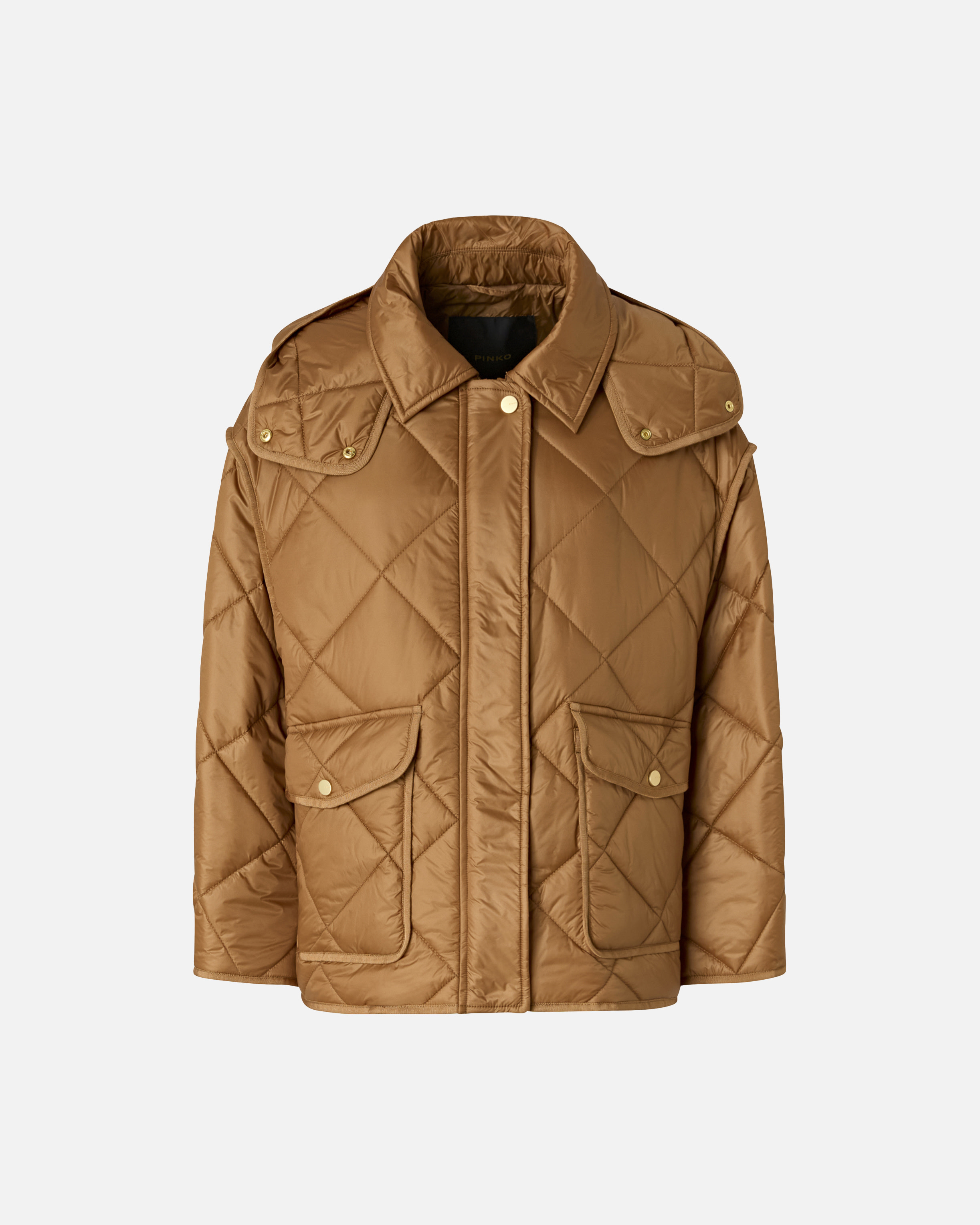 Pinko Quilted Technical Canvas Pea Coat In Brown