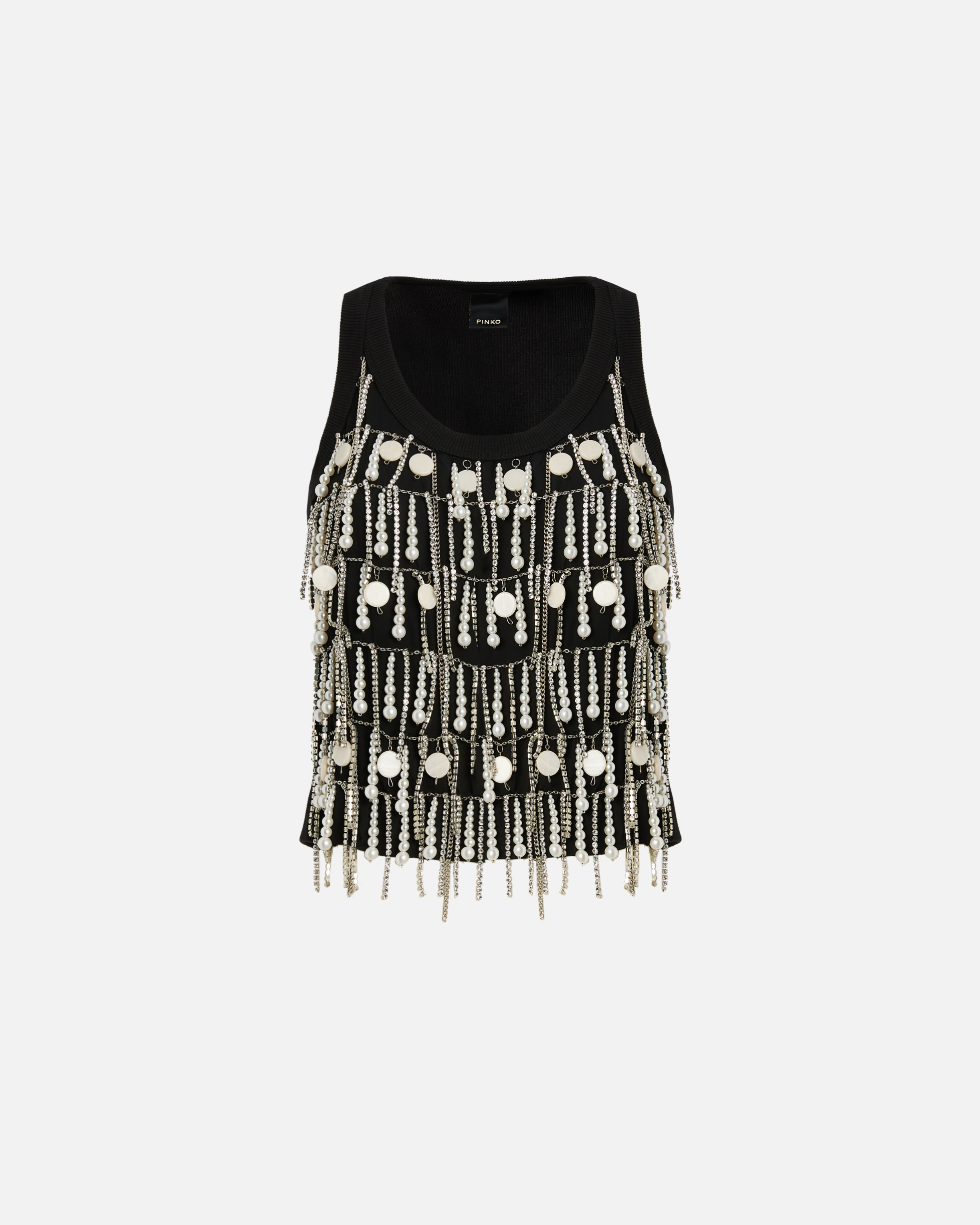Pinko Top With Rhinestones And Jewel Chain In Black