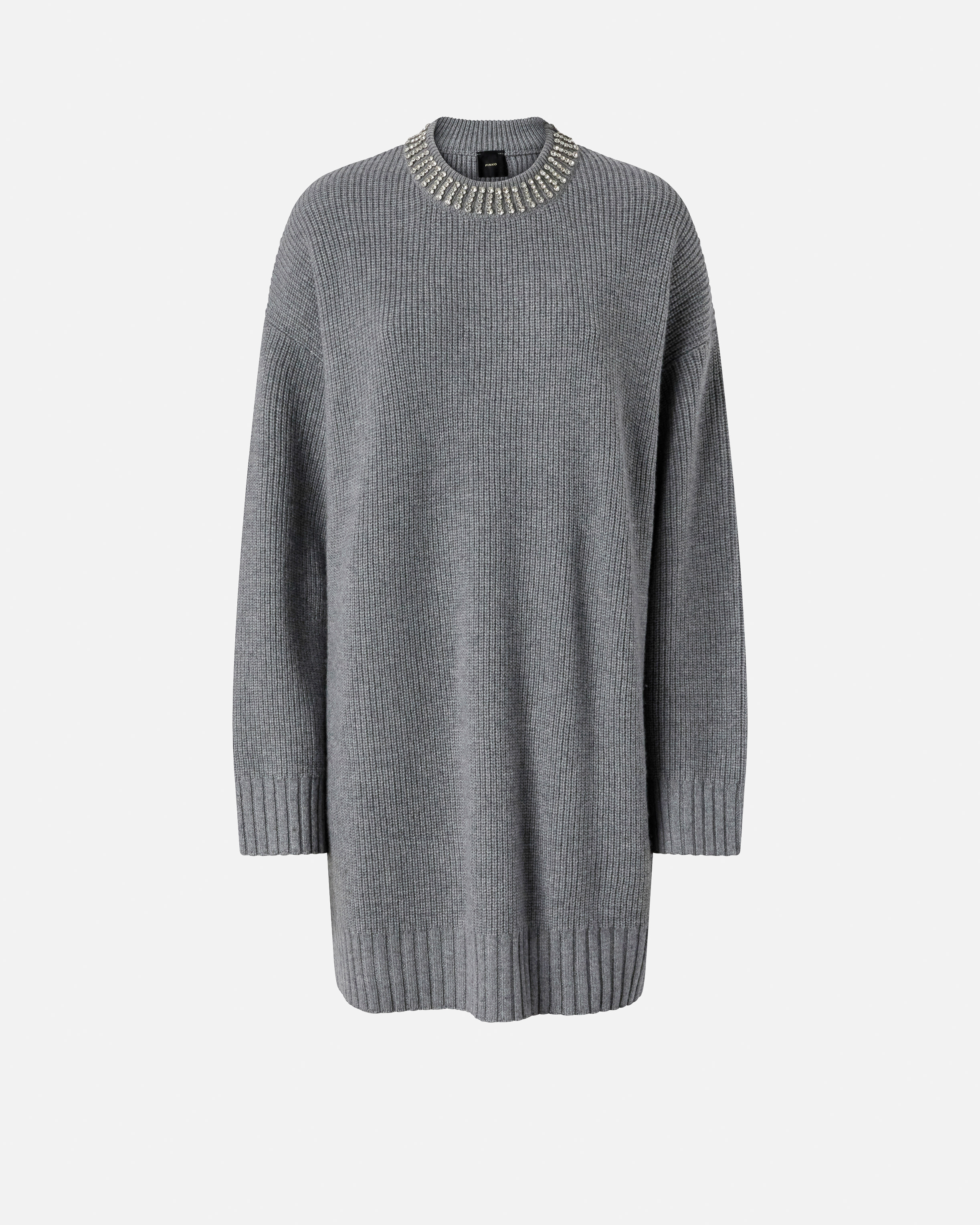 Трикотажное платье со стразами на вырезе - СЕРЫЙ - large