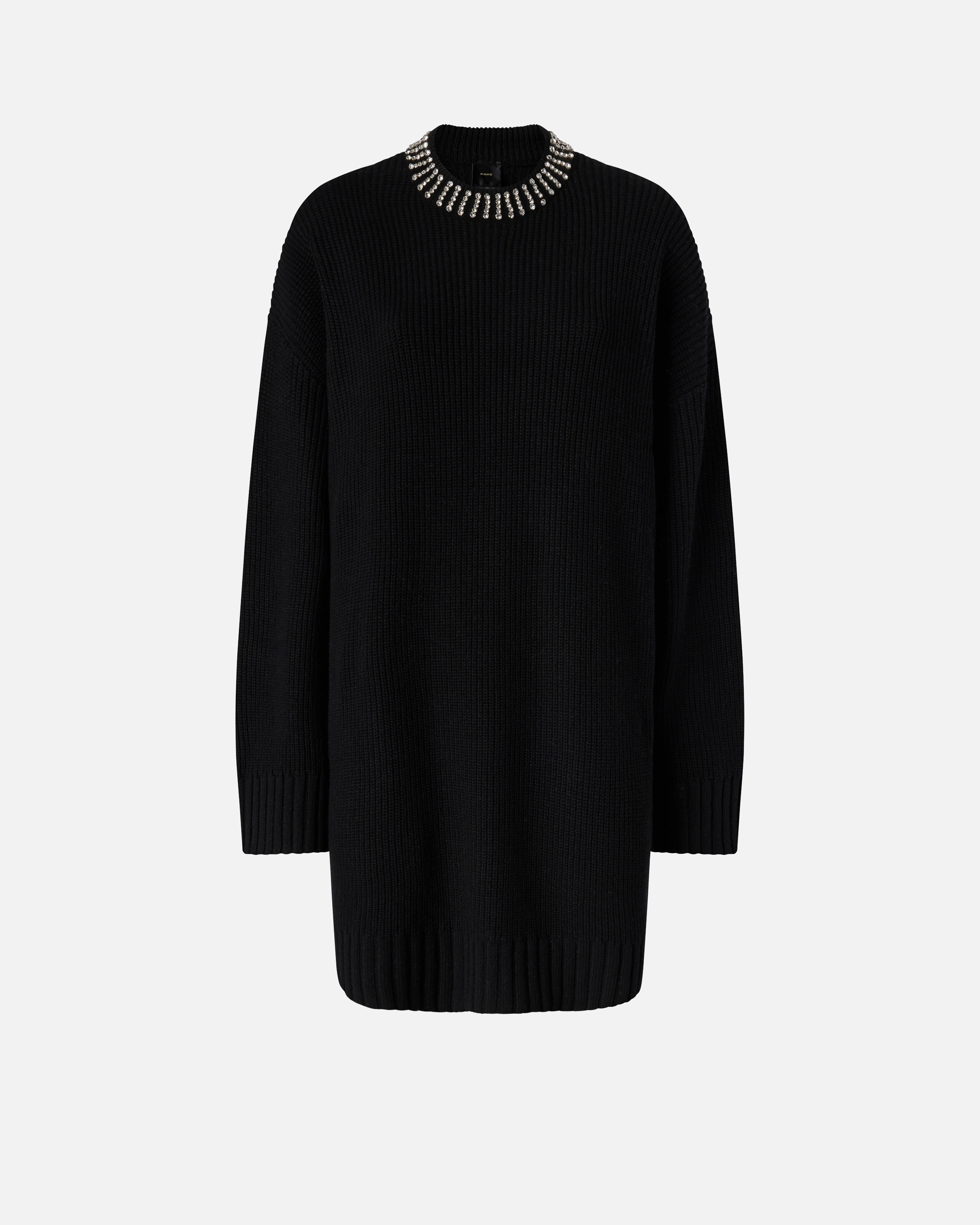 Pinko Knit Dress With Rhinestone-detailed Neck In Black