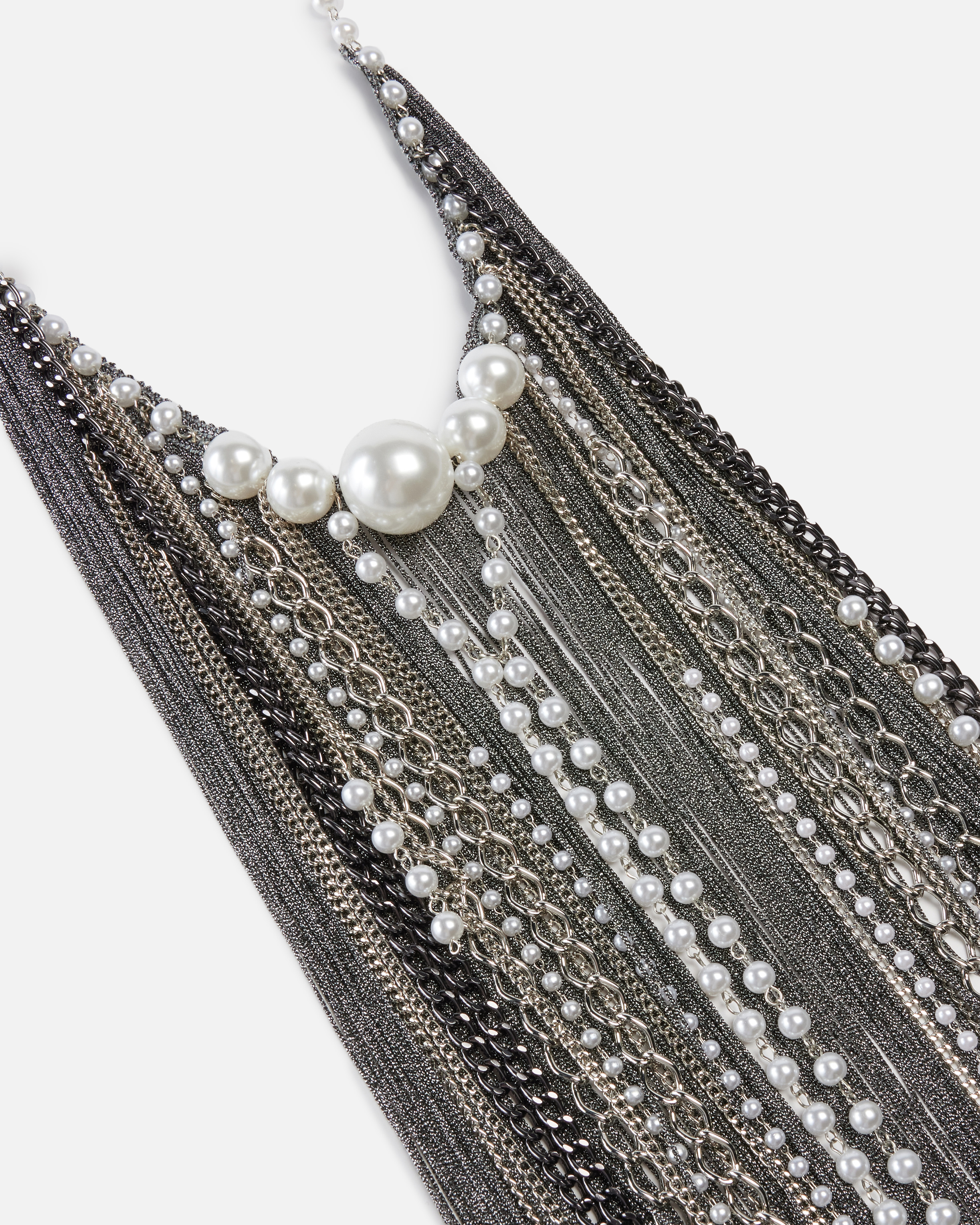 Long necklace with pearls and chains - Multicolor, Silver, White - large