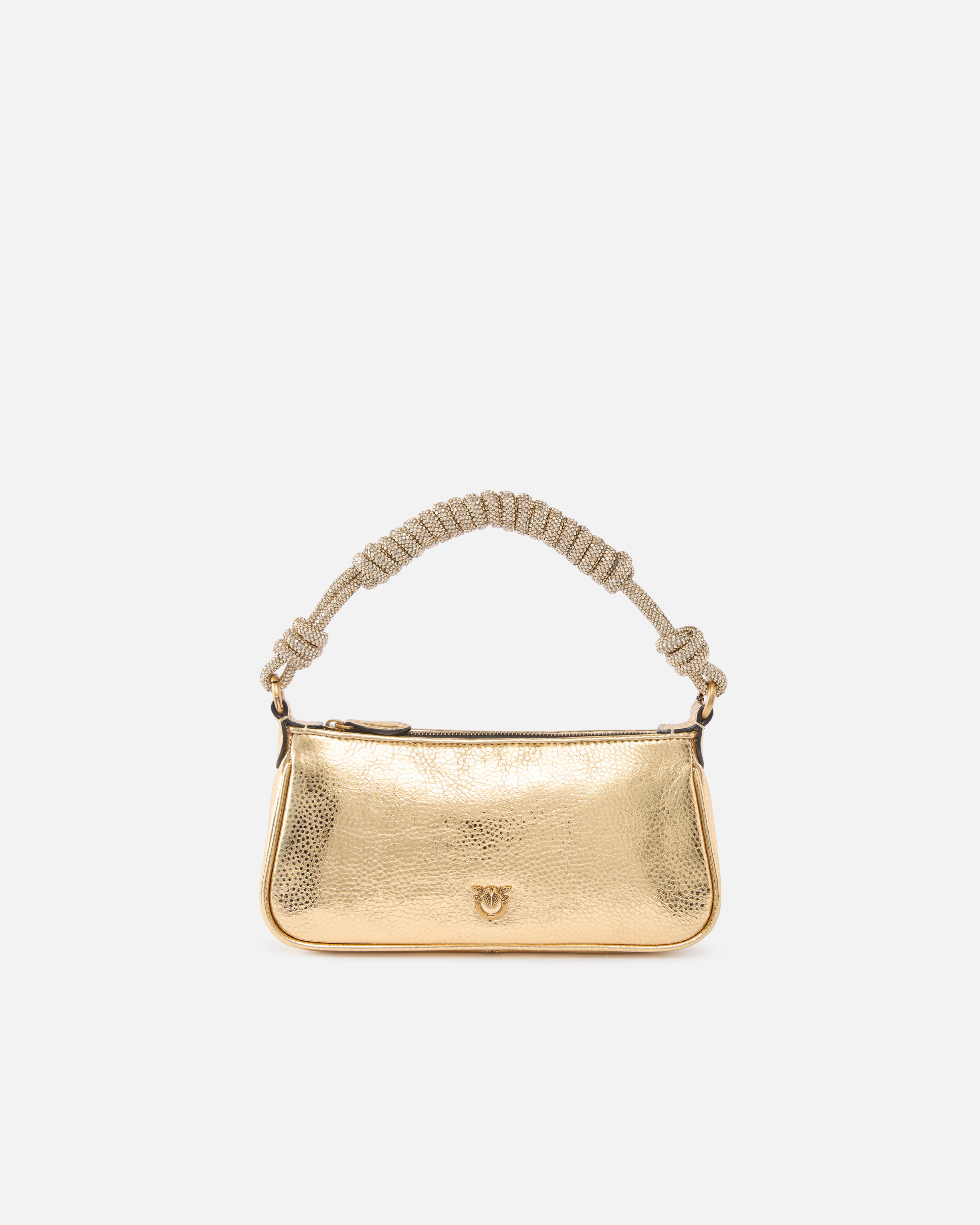 Pinko Mini Half Moon Baguette Small Handbag In Laminated Leather With Rhinestones In Gold