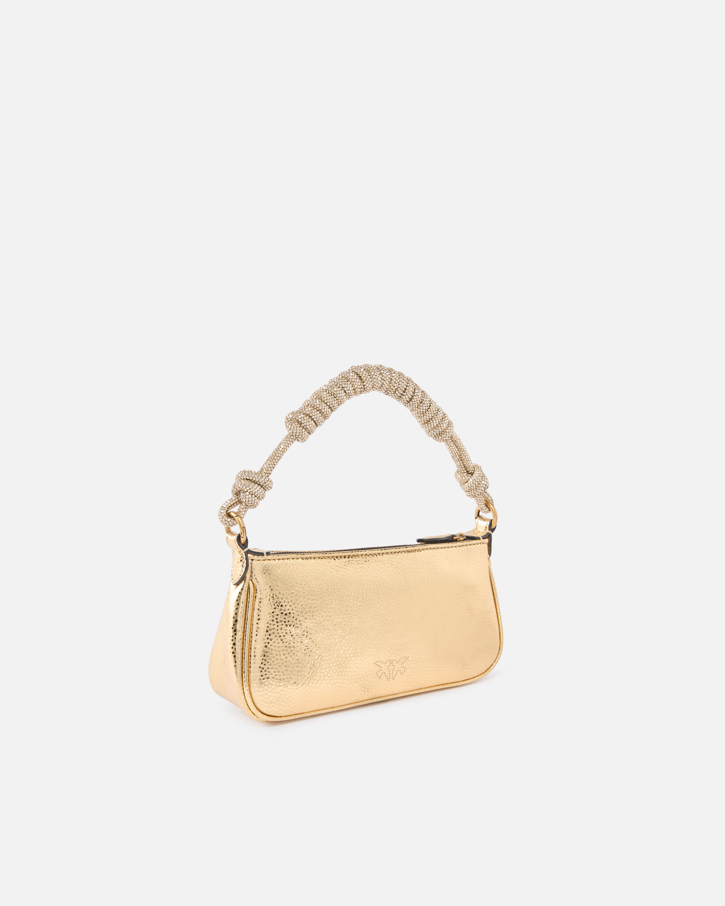 Pinko Mini Half Moon Baguette Small Handbag In Laminated Leather With Rhinestones In Gold