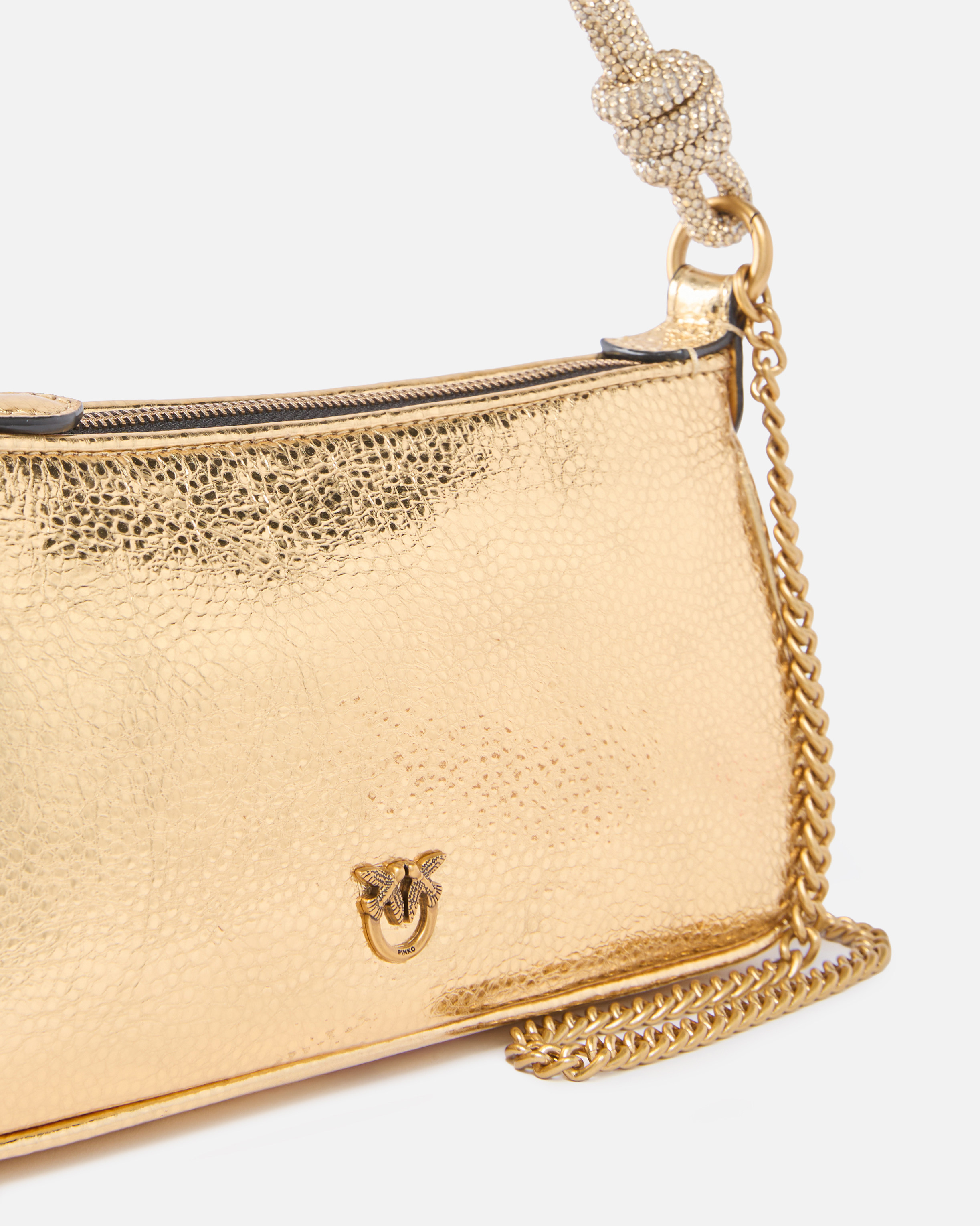 Pinko Mini Half Moon Baguette Small Handbag In Laminated Leather With Rhinestones In Gold