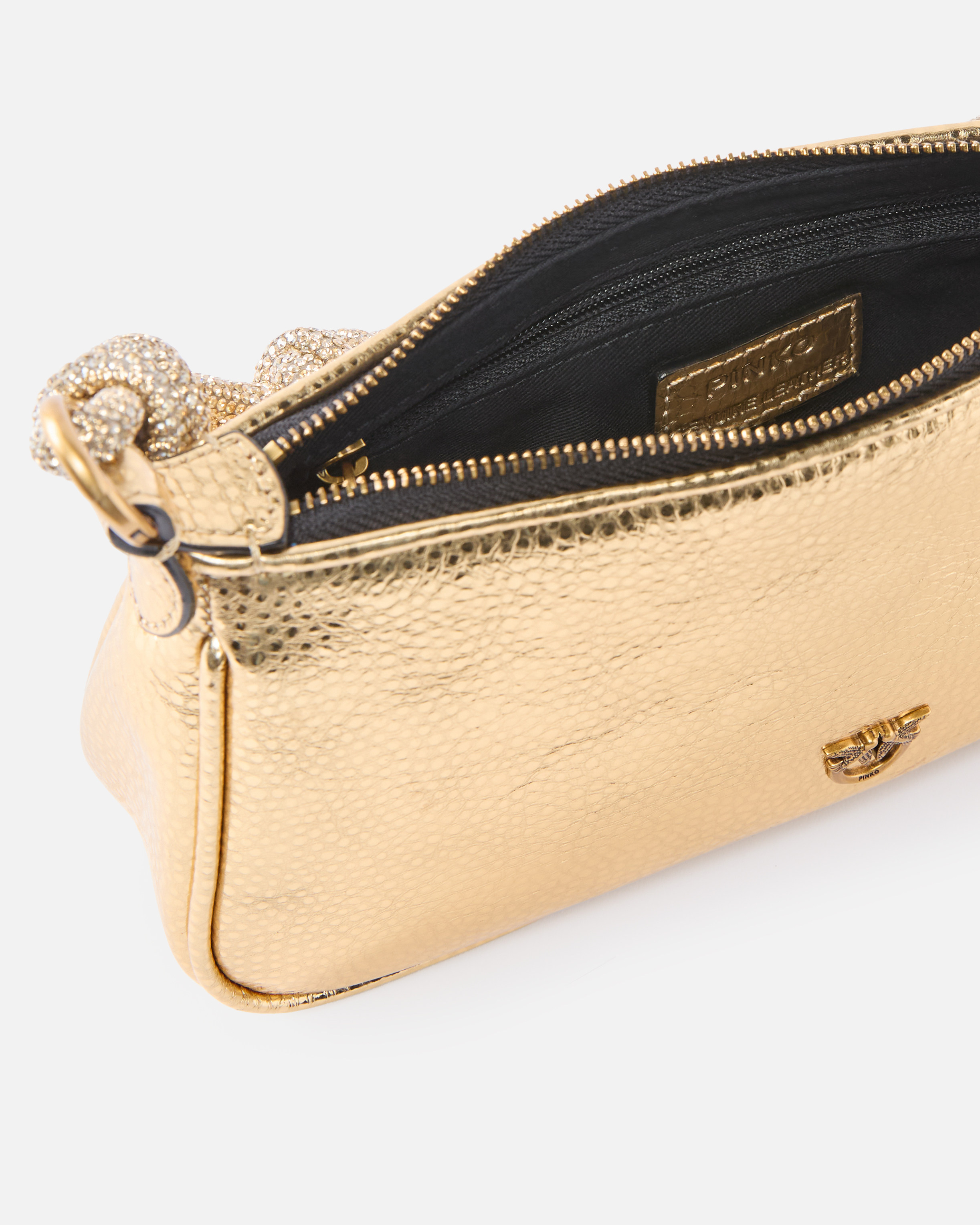 Pinko Mini Half Moon Baguette Small Handbag In Laminated Leather With Rhinestones In Gold