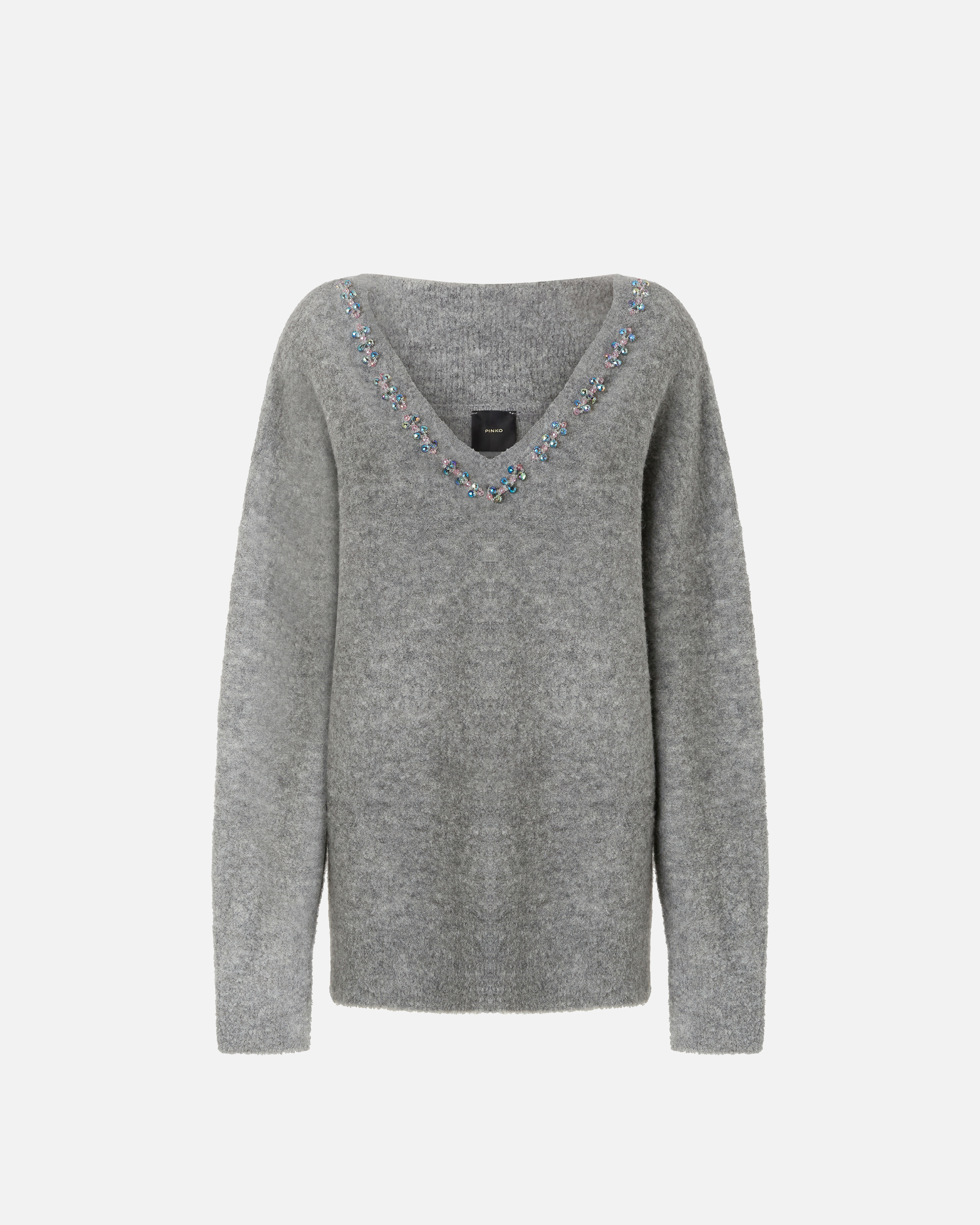 Pinko Comfort Wool Sweater With Embroidery On The Neckline In Gray