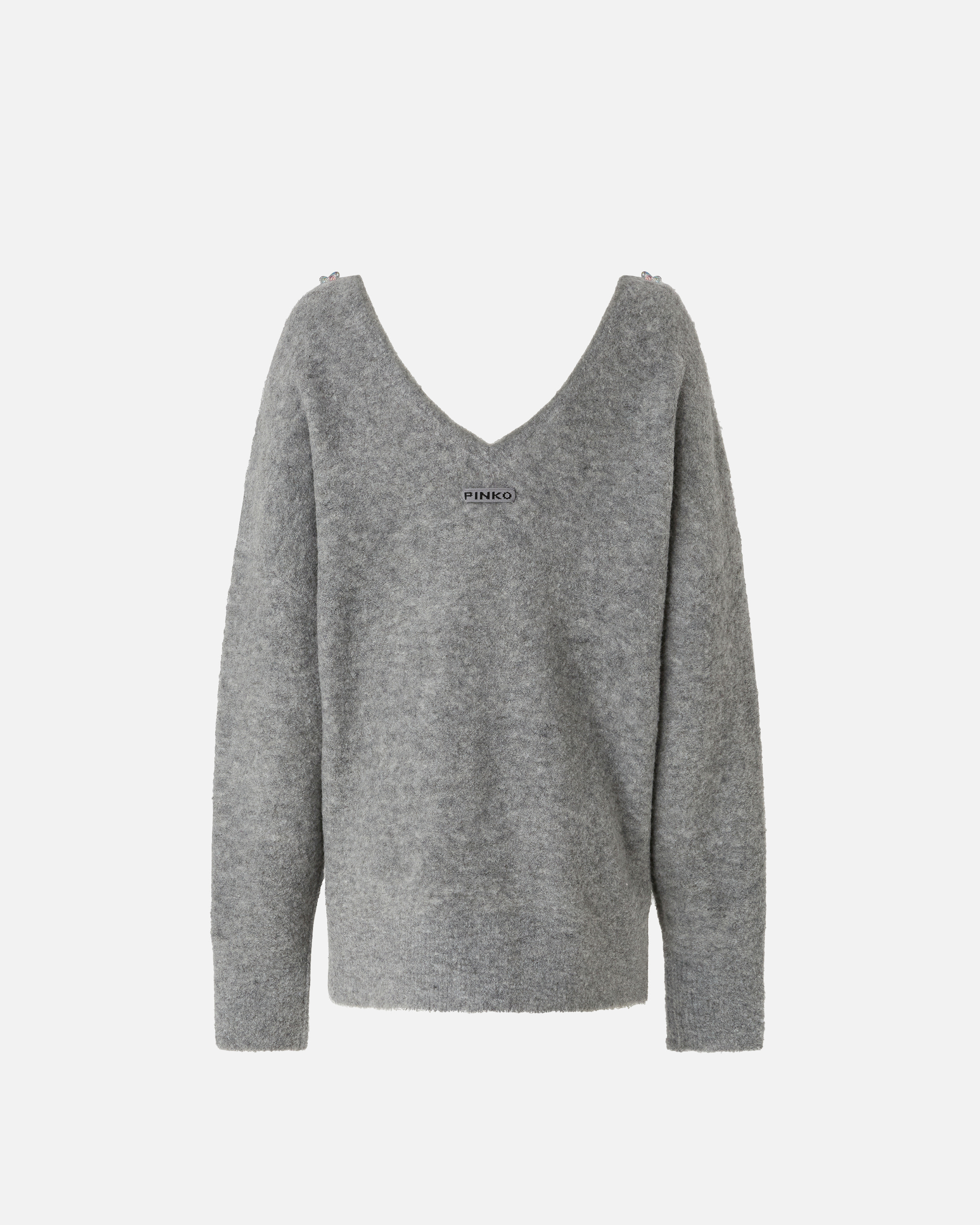 Pinko Comfort Wool Sweater With Embroidery On The Neckline In Gray