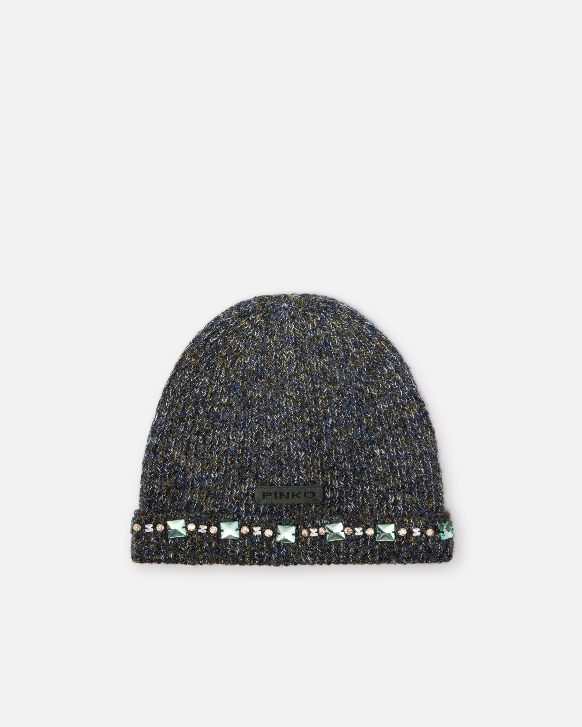 Pinko Mouliné Knit Beanie With Crystals And Studs In Gray