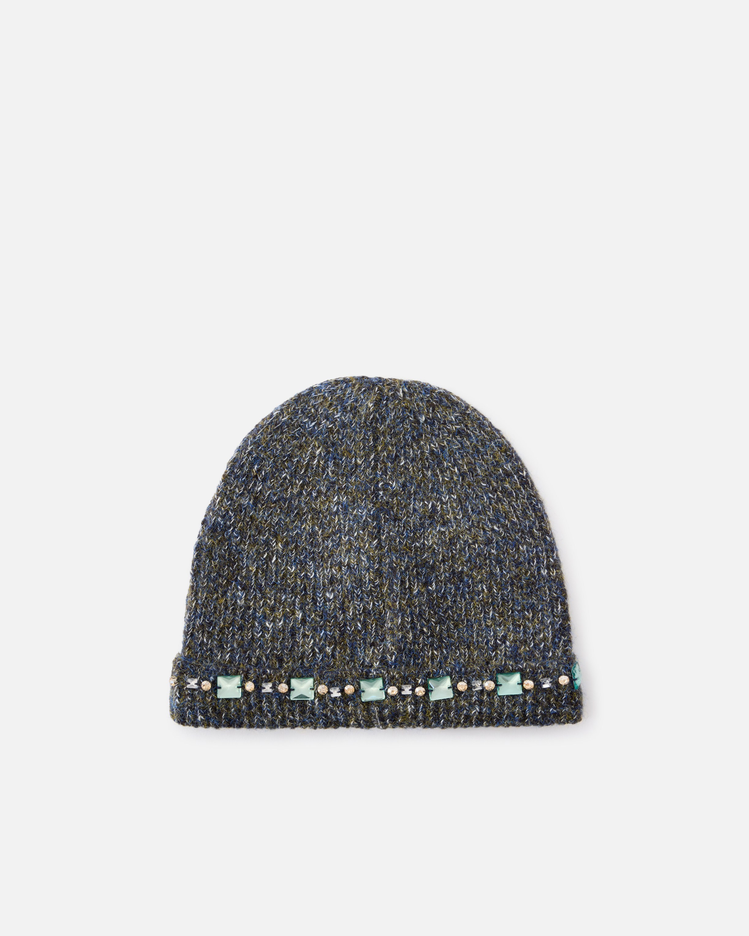 Pinko Mouliné Knit Beanie With Crystals And Studs In Gray