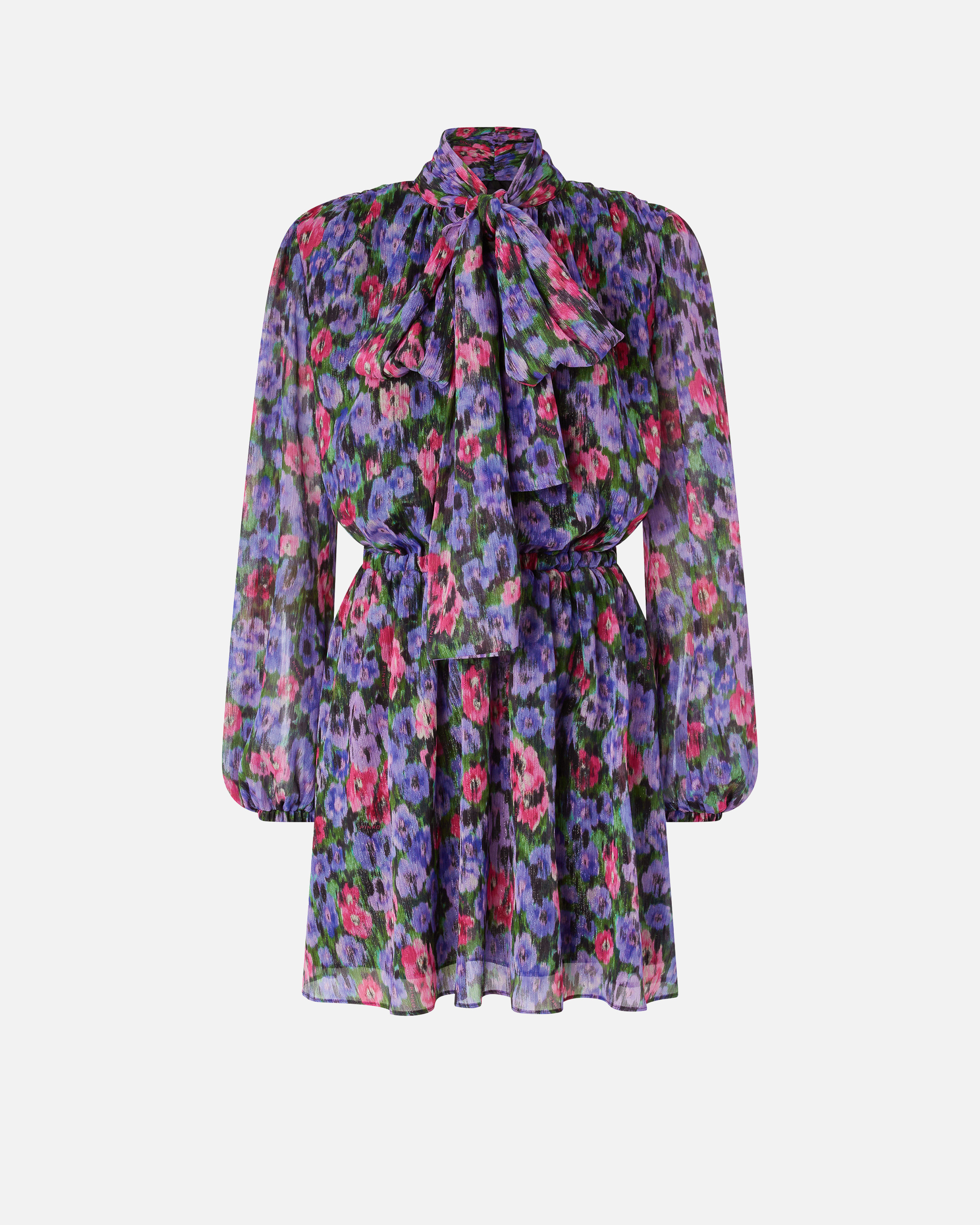 Kurzes Kleid mit Blumenmuster und Schärpe - Grün, Mehrfarbig, Violett - large