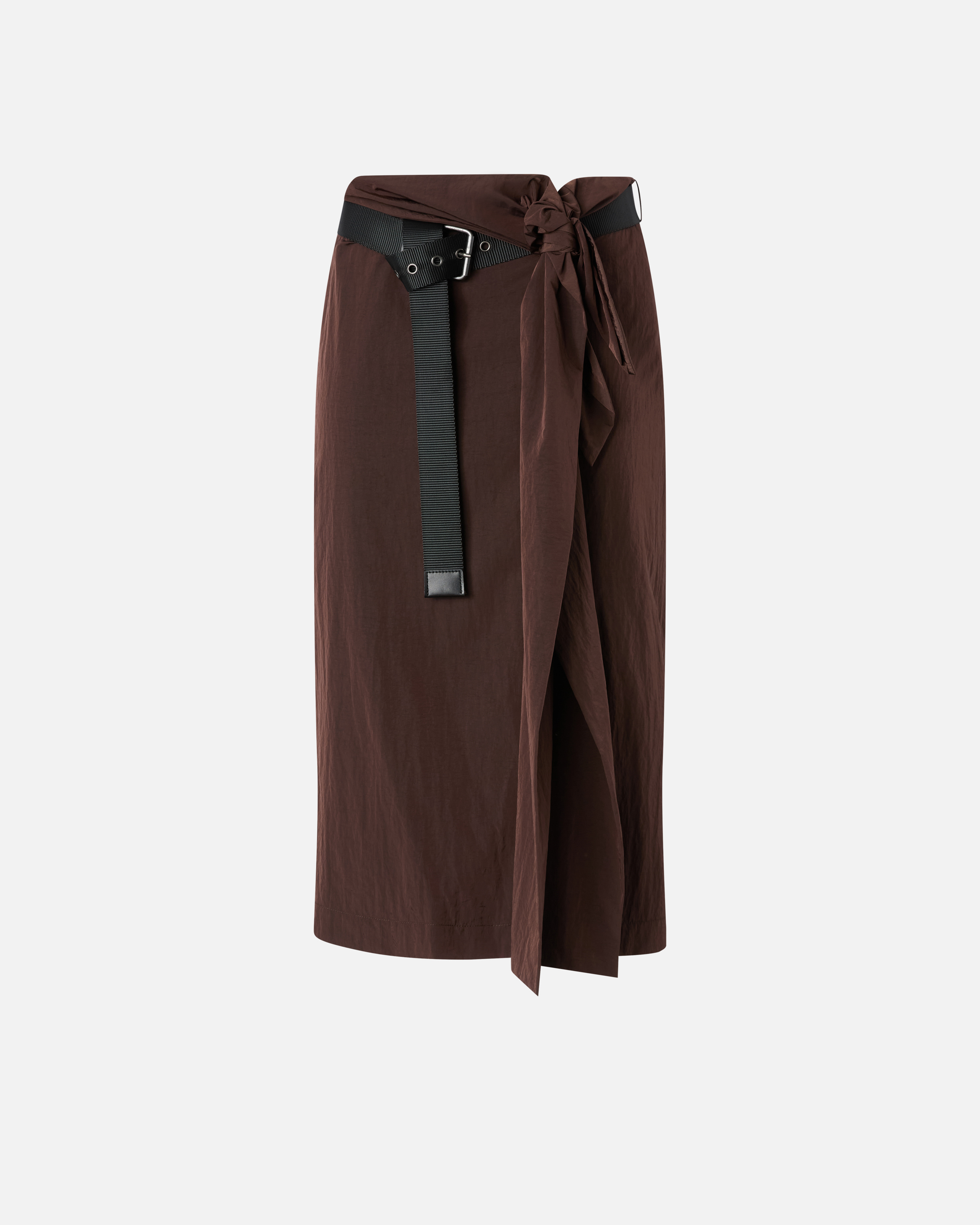 Pinko Short Asymmetrical Skirt In Technical Fabric With Belt In Brown
