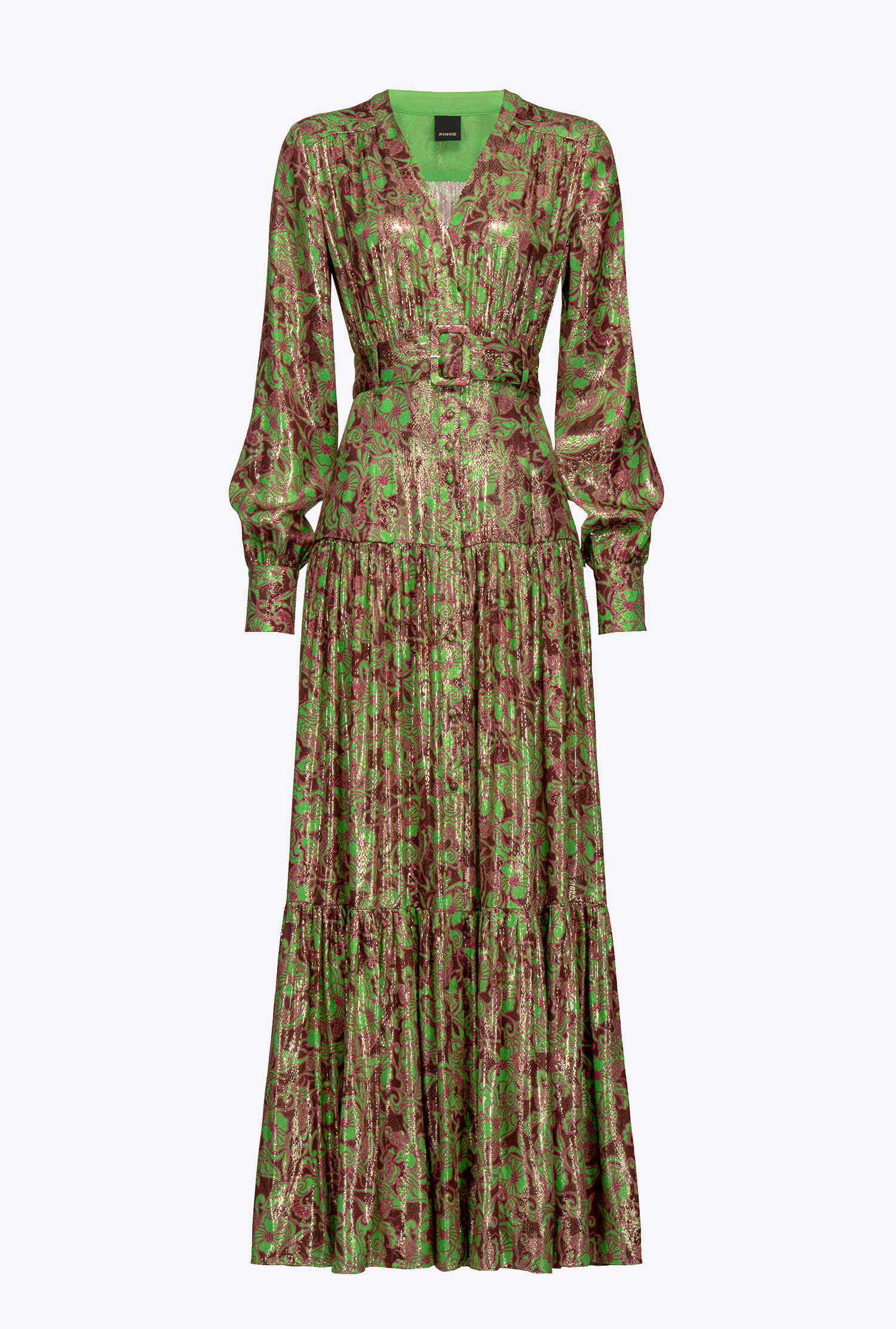 Long floral shirt dress with lurex - Green, Multicolor - large | Pinko 