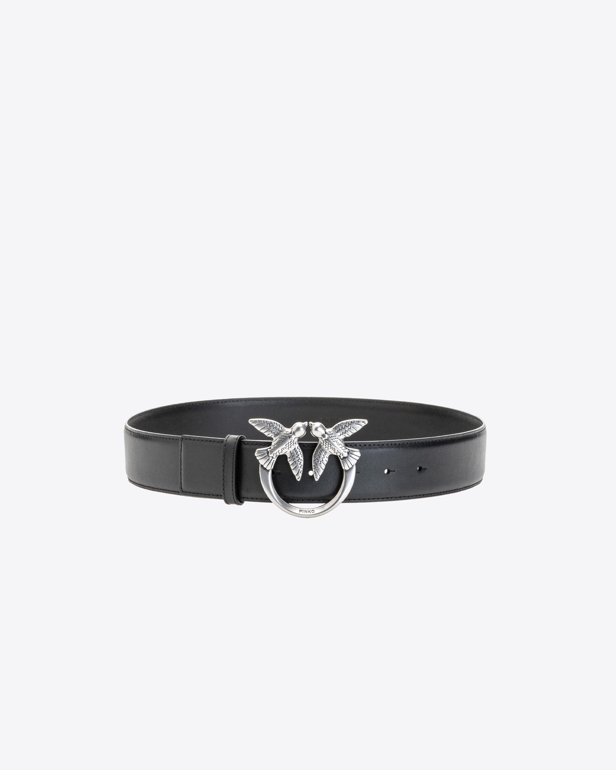 Pinko Love Birds Leather Belt In Black-old Silver