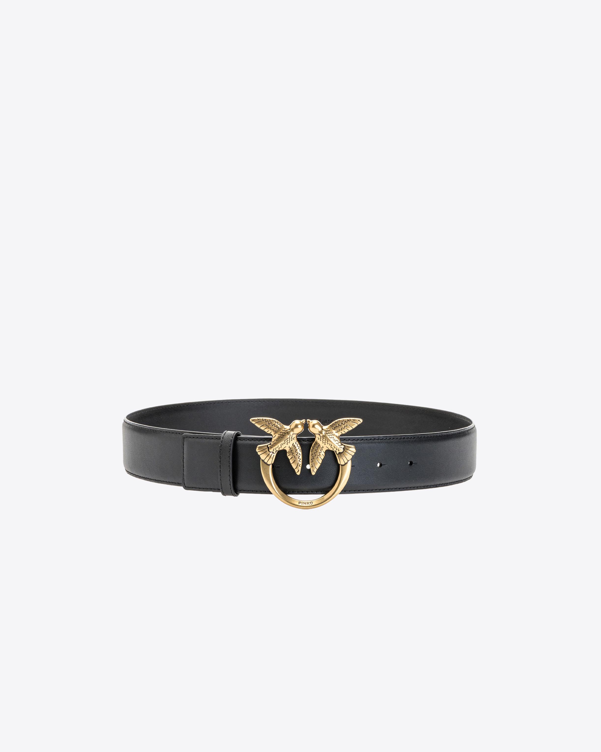 Pinko Love Birds Leather Belt In Black-antique Gold