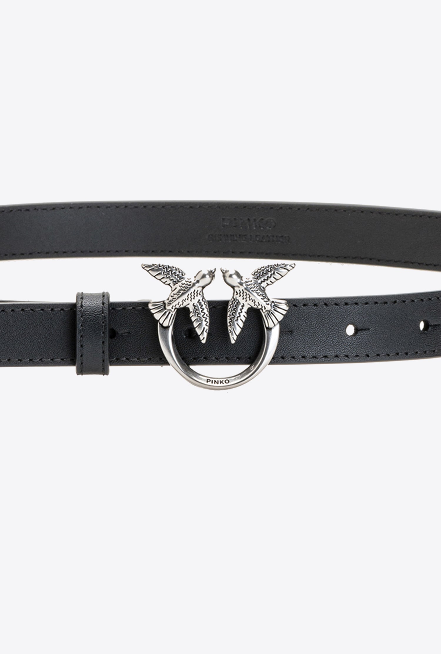 Shop Pinko Love Birds Thin Leather Belt In Noir-vieil Argent