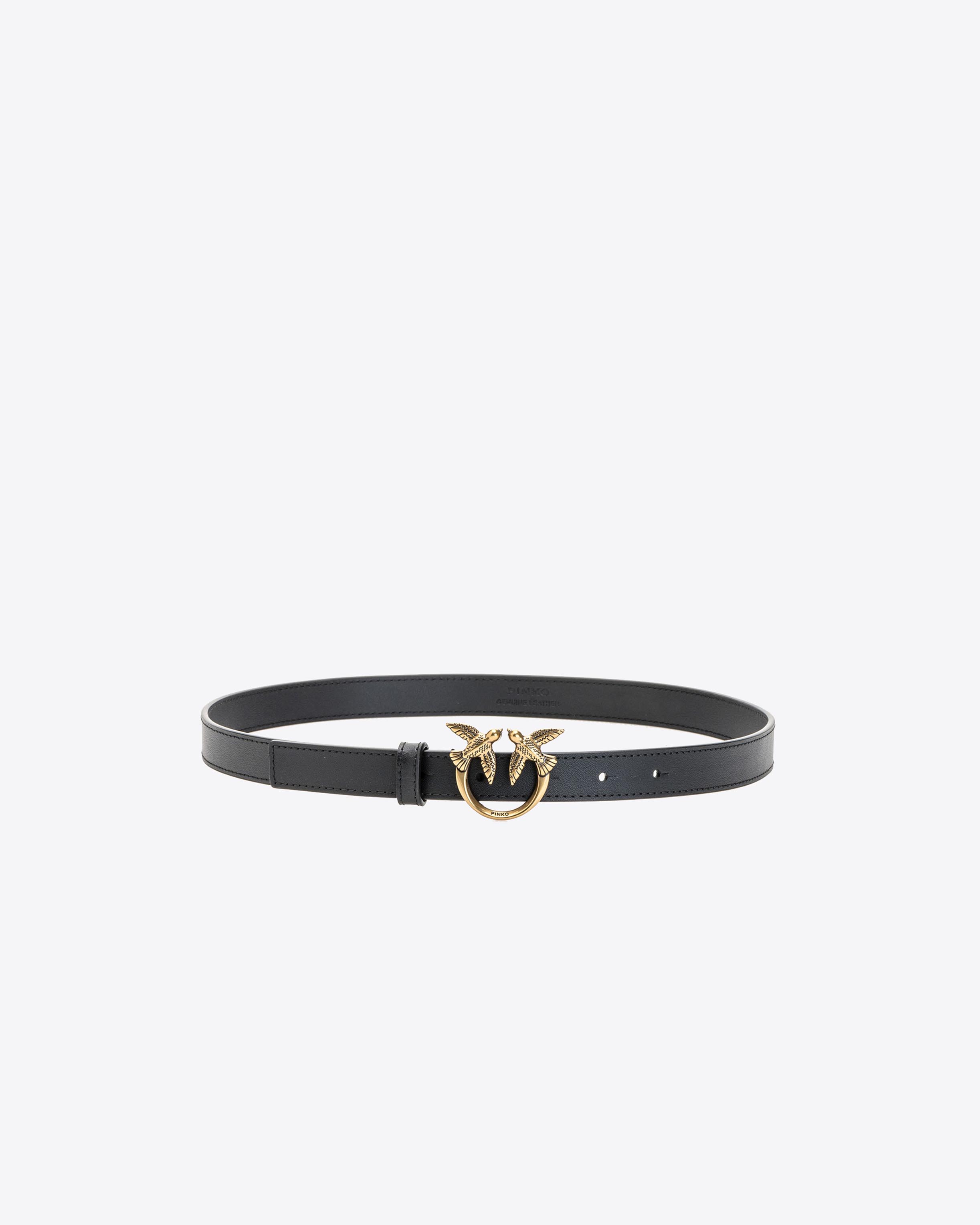 Pinko Love Birds Thin Leather Belt In Black-antique Gold