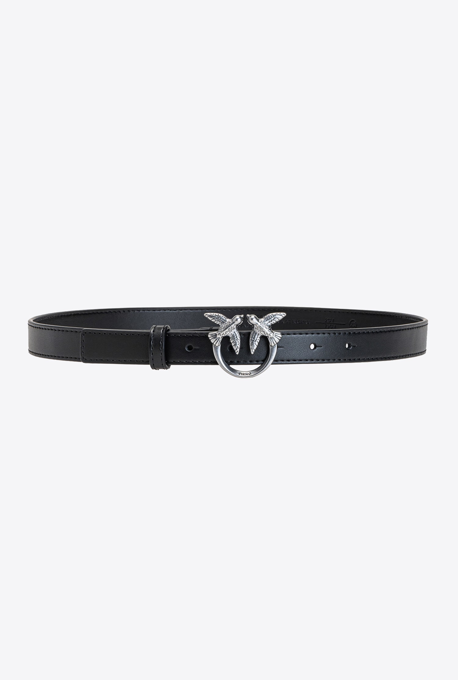 Pinko Love Birds Thin Leather Belt In Black-old Silver