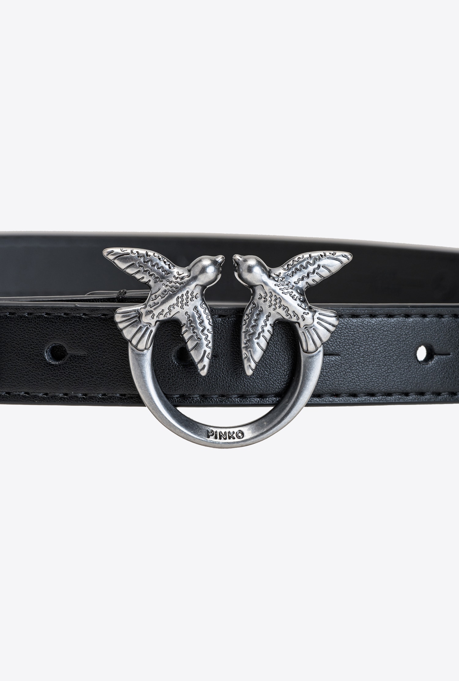 Shop Pinko Love Birds Thin Leather Belt In Black-old Silver