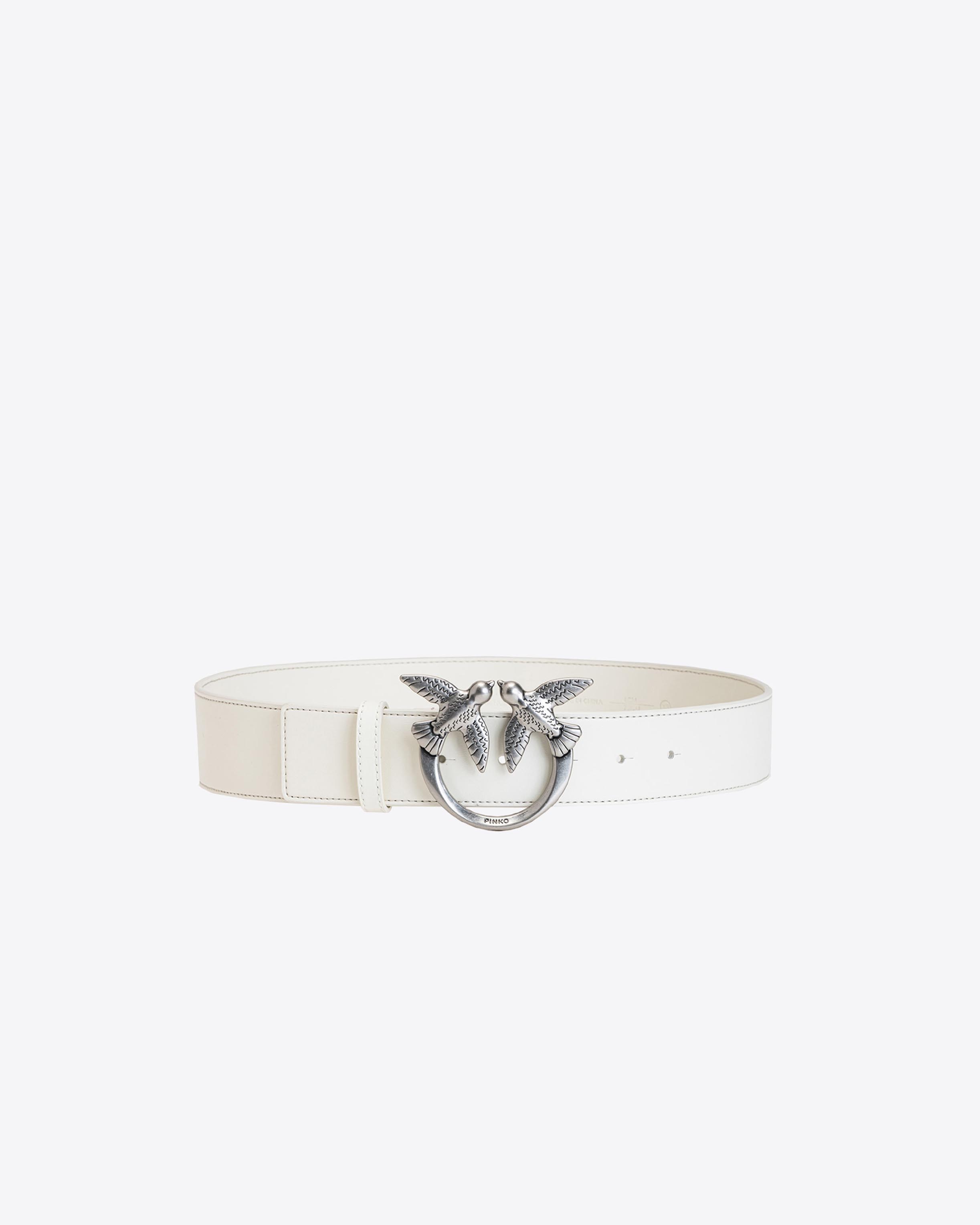 Pinko Love Birds-buckle Leather Belt In White+white-old Silver