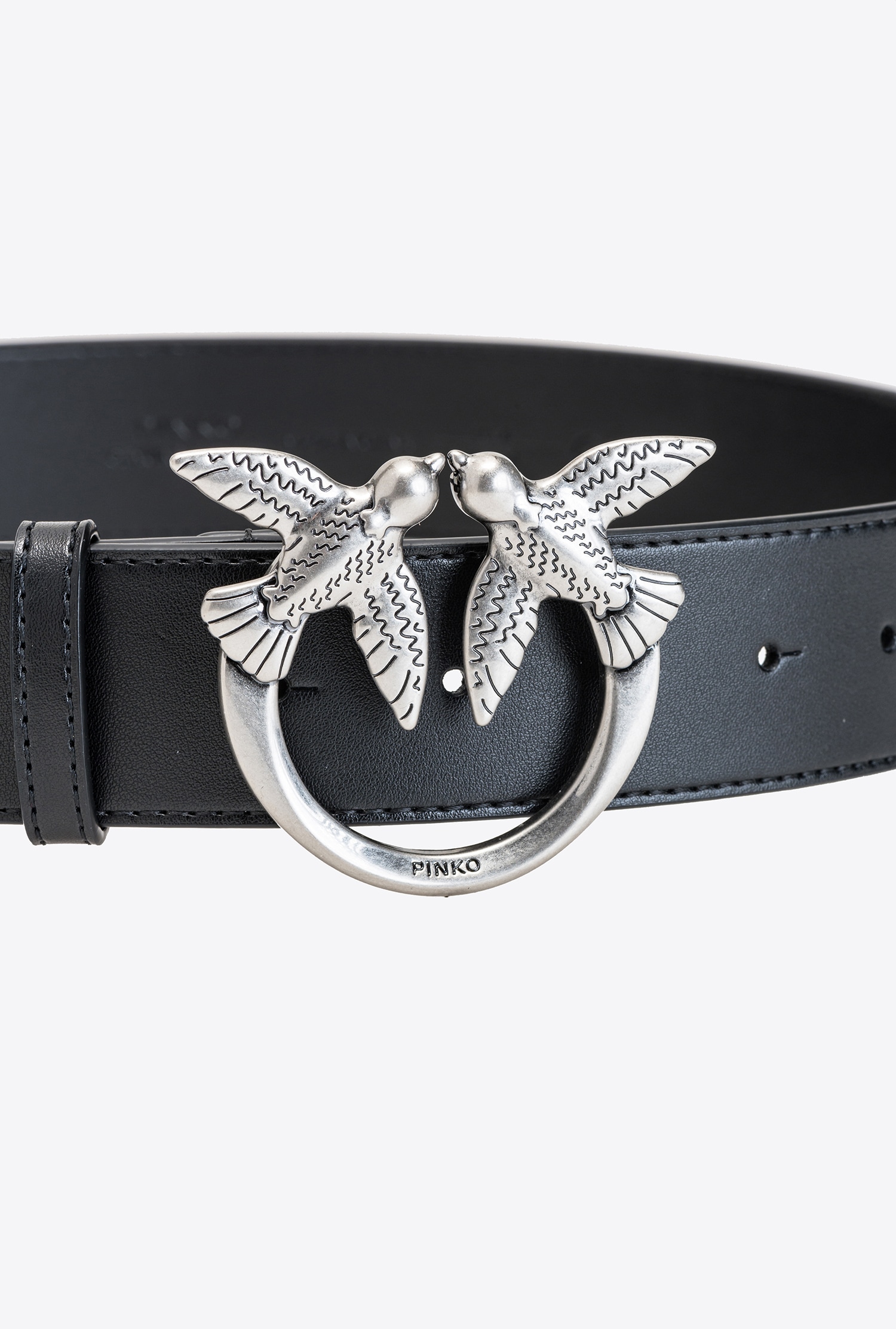Shop Pinko Love Birds Leather Belt In Noir-vieil Argent