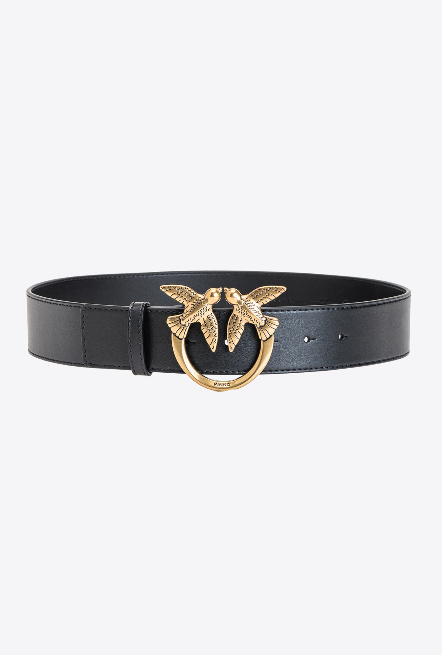 Pinko Love Birds Leather Belt In Noir-vieil Or