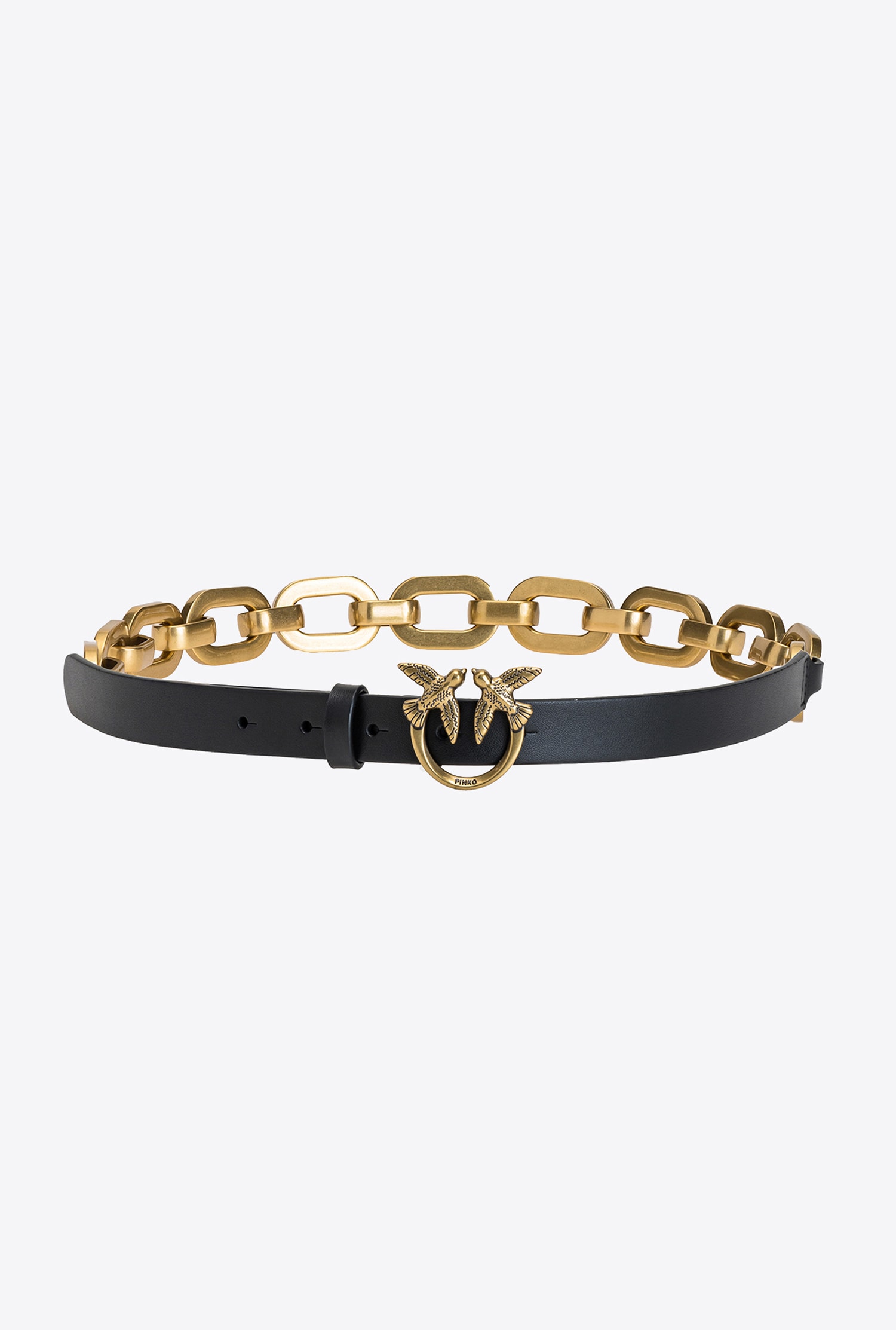 Pinko Love Birds Belt With Large Chain In Noir-vieil Or