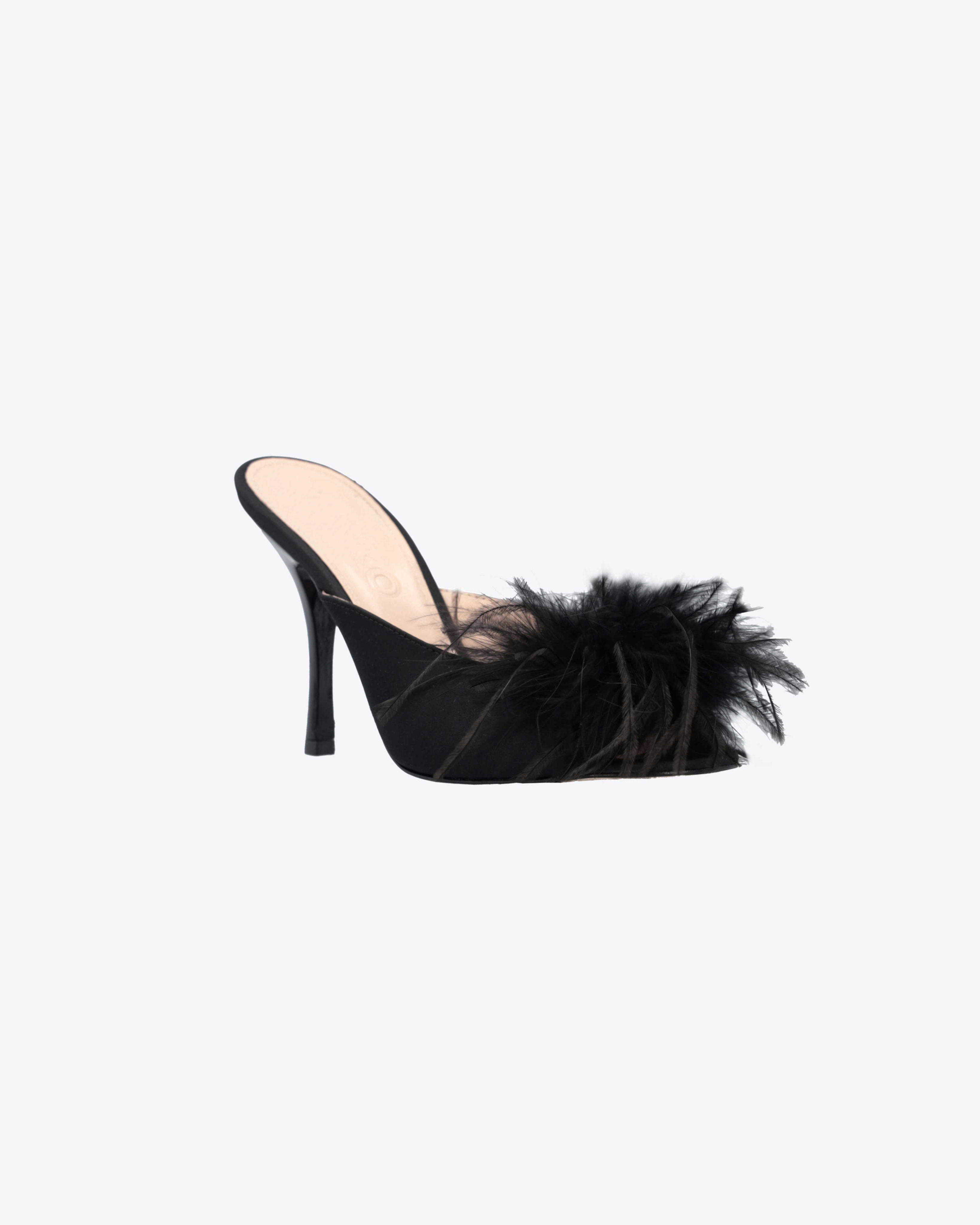 Shop Pinko Mule Sandals With Feathers In Noir Limousine