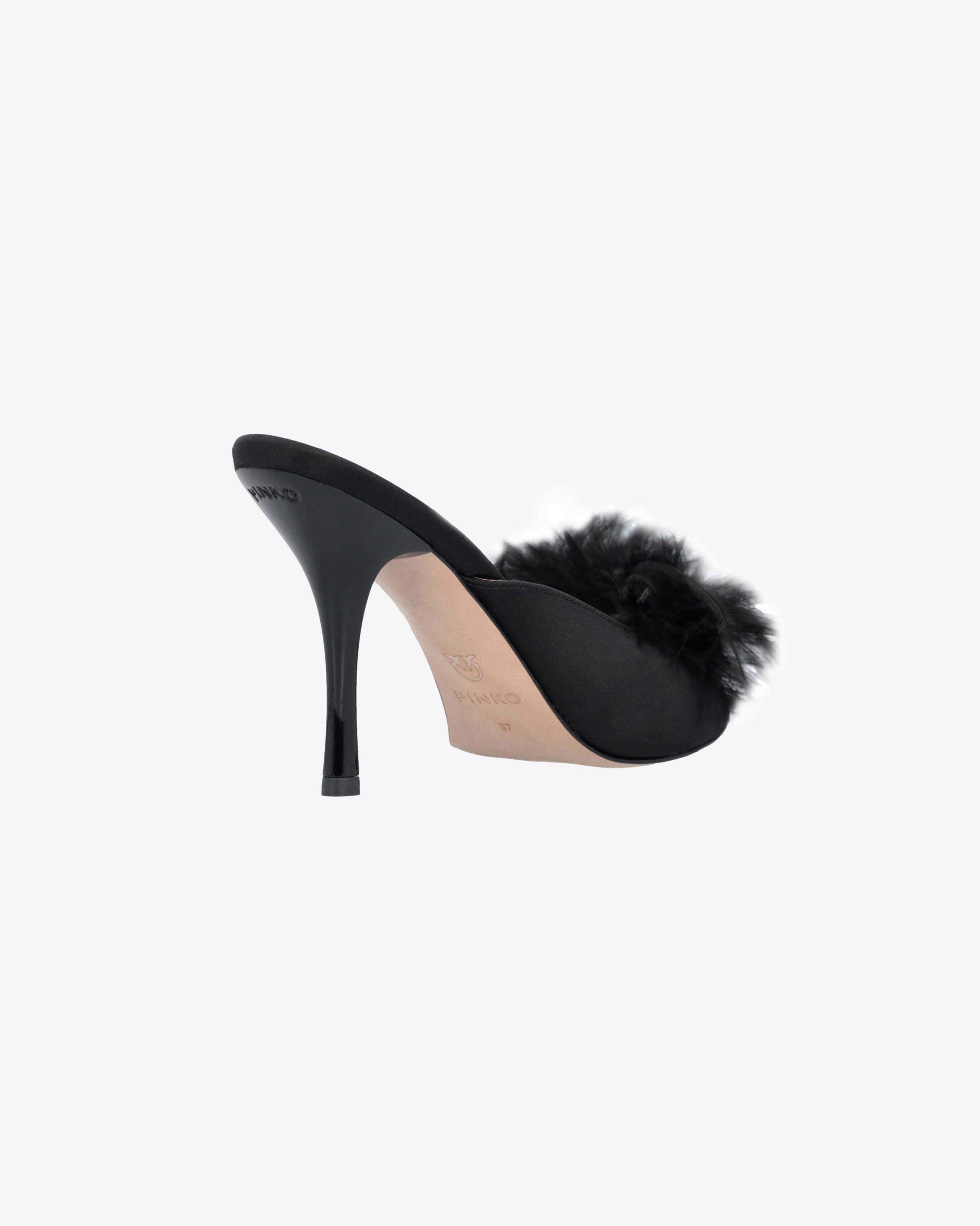 Shop Pinko Mule Sandals With Feathers In Noir Limousine