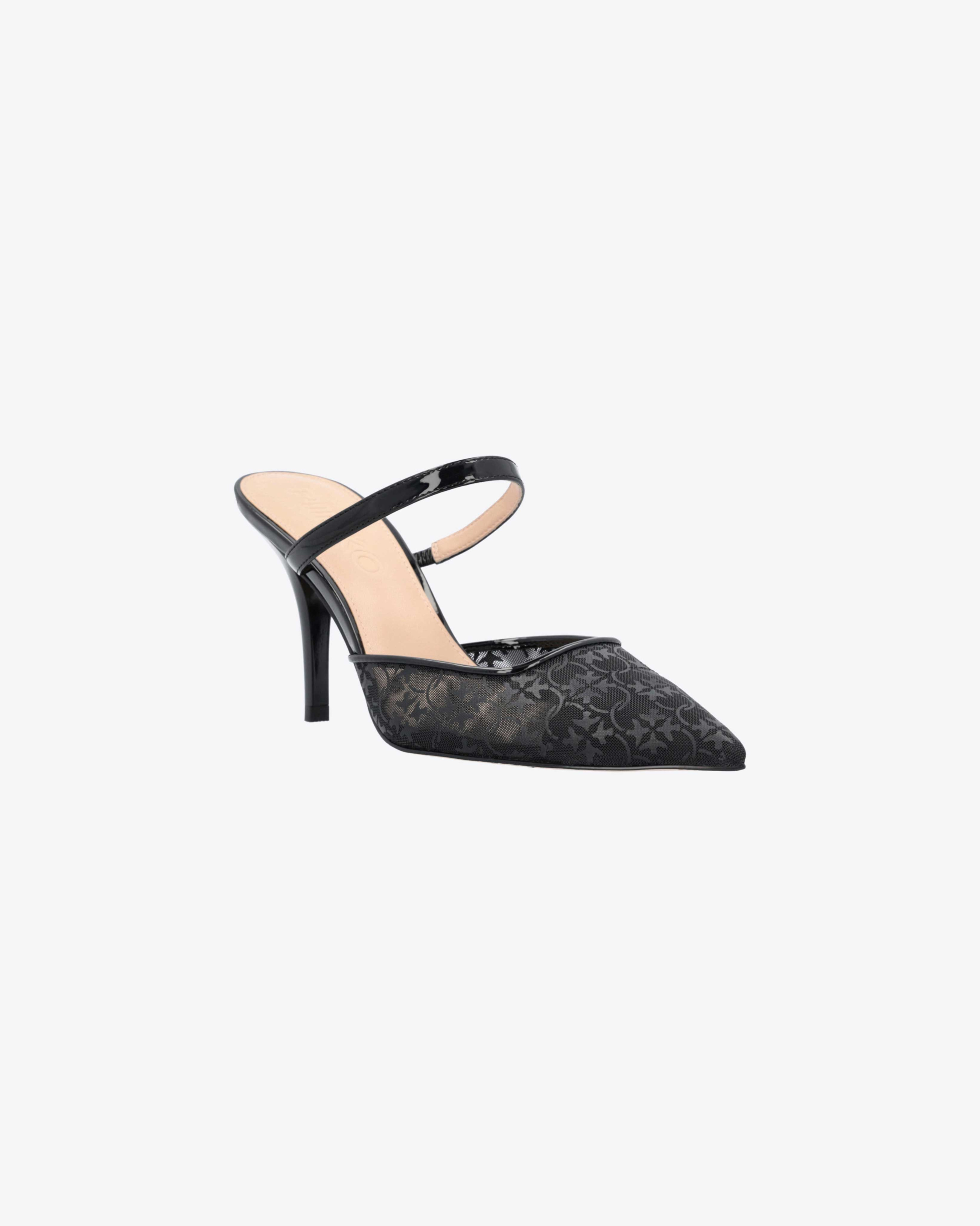 Shop Pinko Heeled Lace Mules In Limo Black