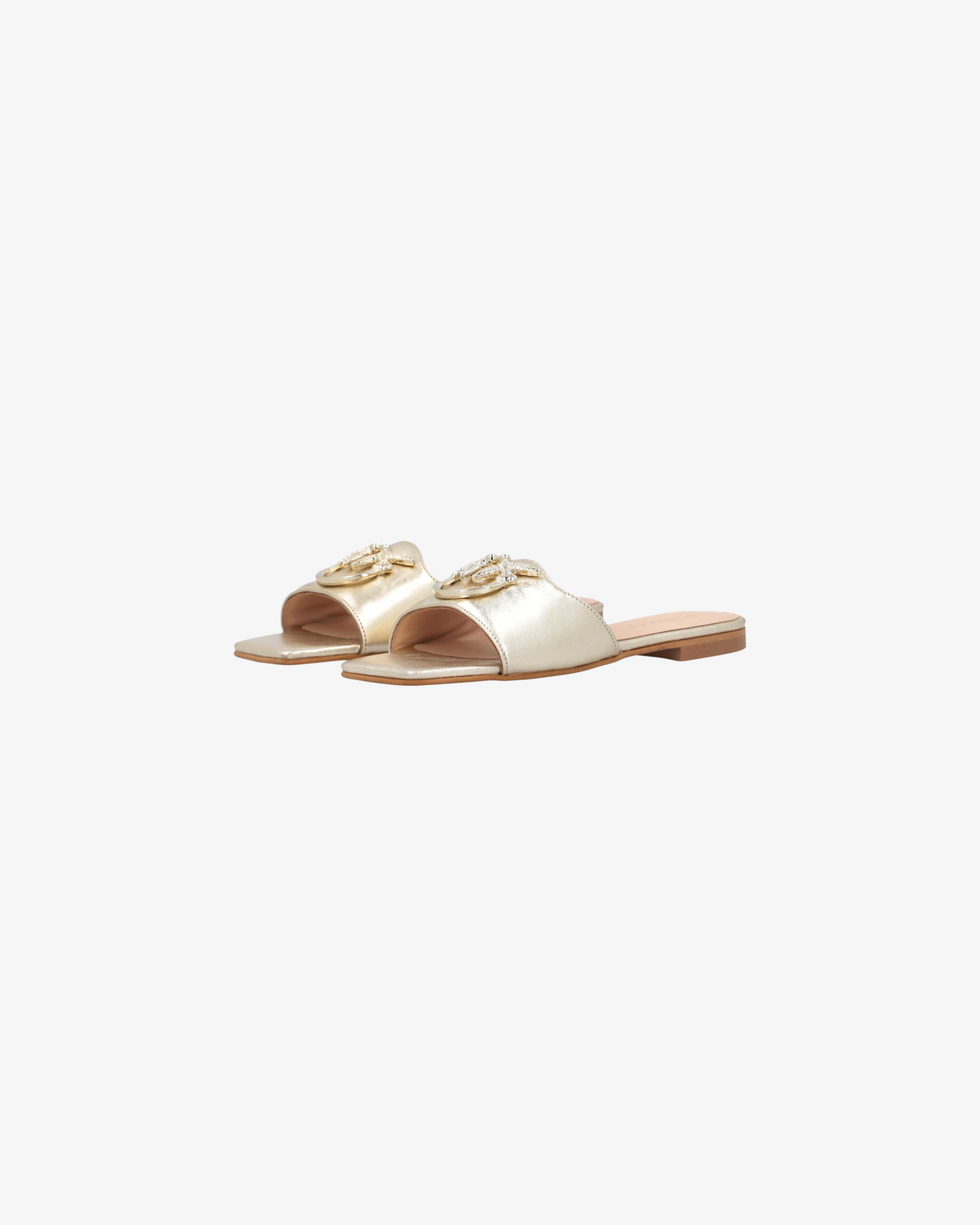 Shop Pinko Flat Laminated Leather Slip-ons In Gold