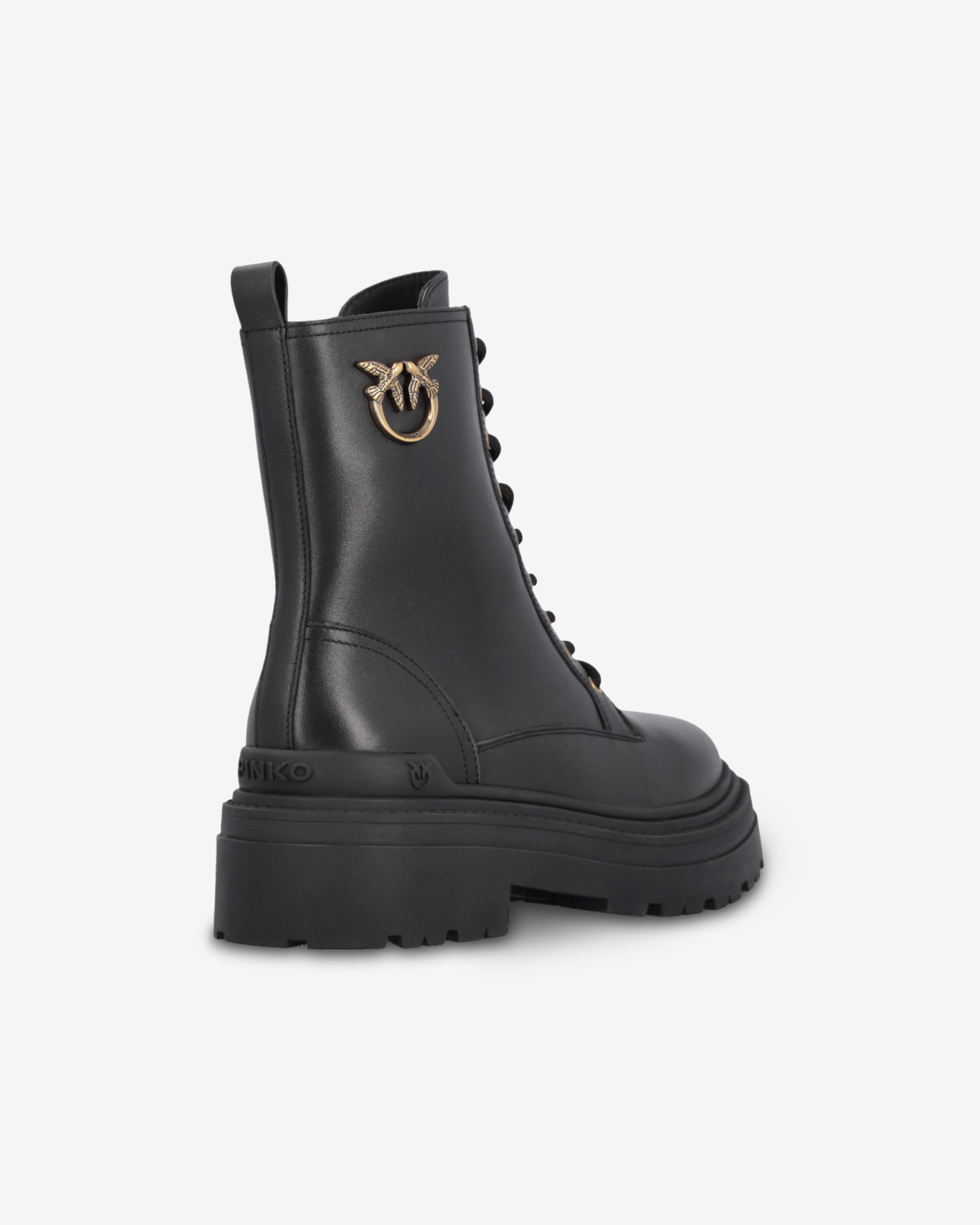 Pinko Leather Combat Boots With Metal Logo In Nero Limousine