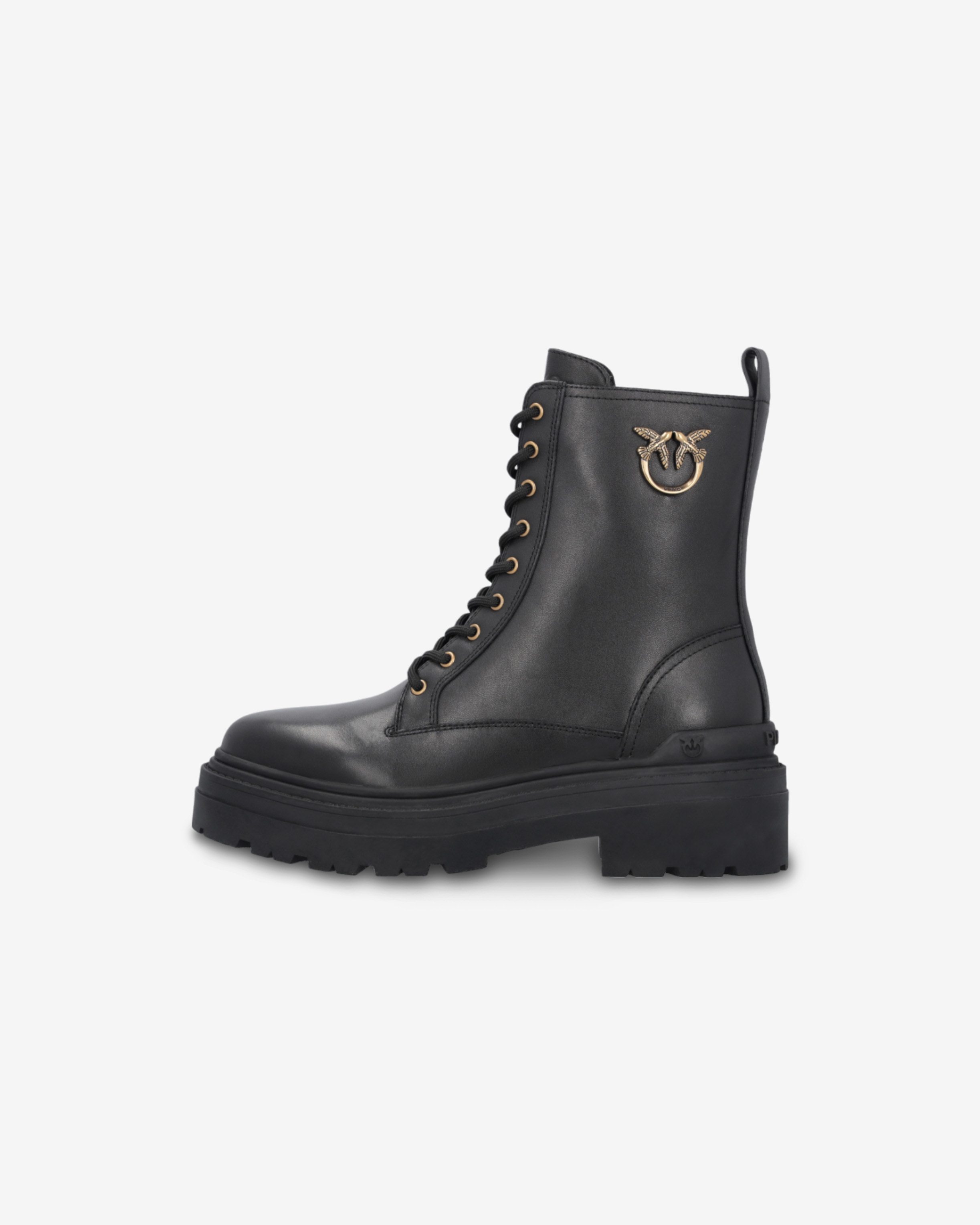 Pinko Leather Combat Boots With Metal Logo In Nero Limousine
