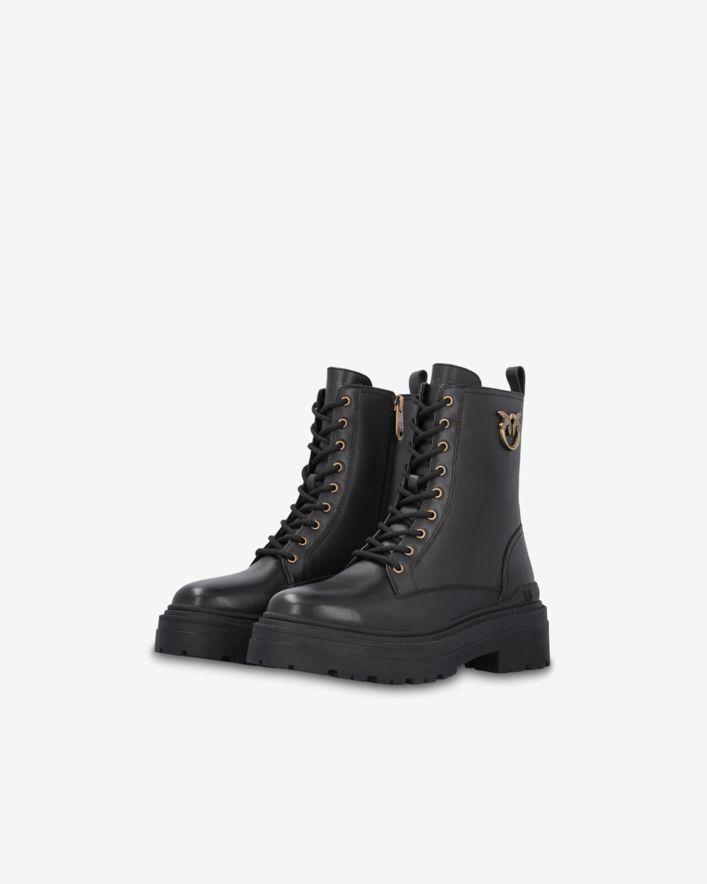 Pinko Leather Combat Boots With Metal Logo In Nero Limousine