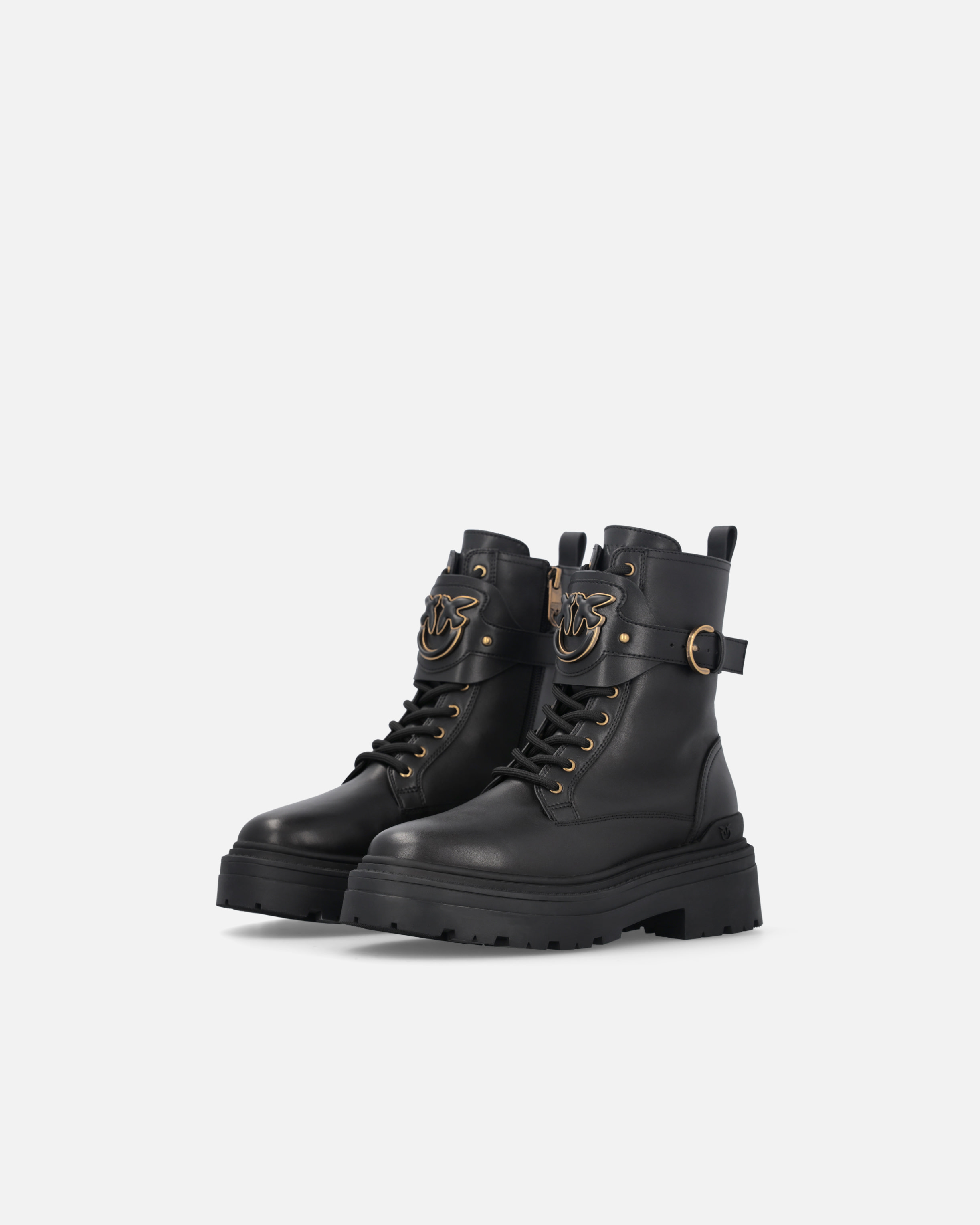 Leather combat boots with branded front strap