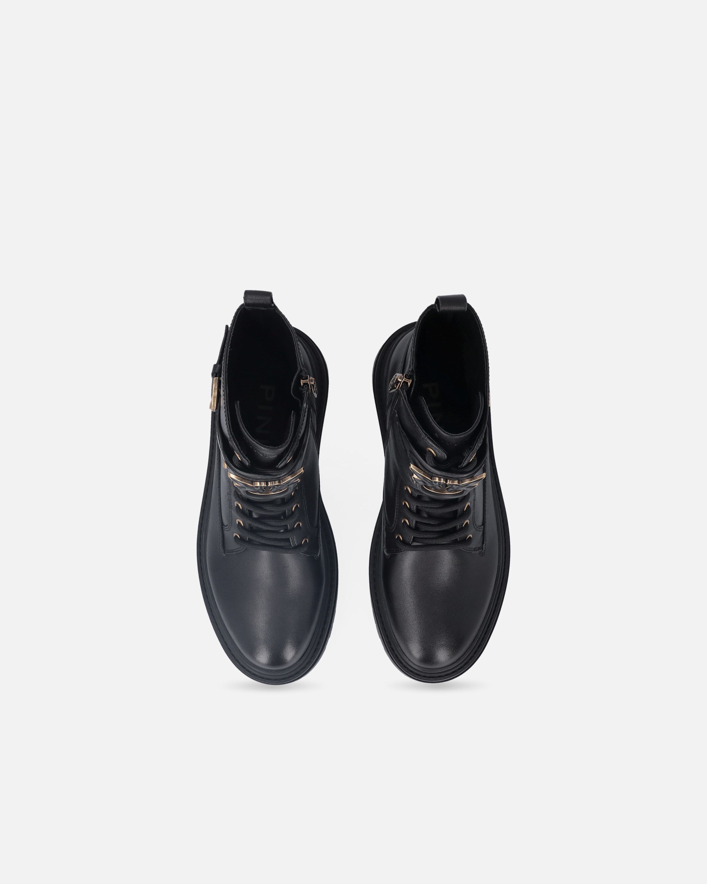 Leather combat boots with branded front strap