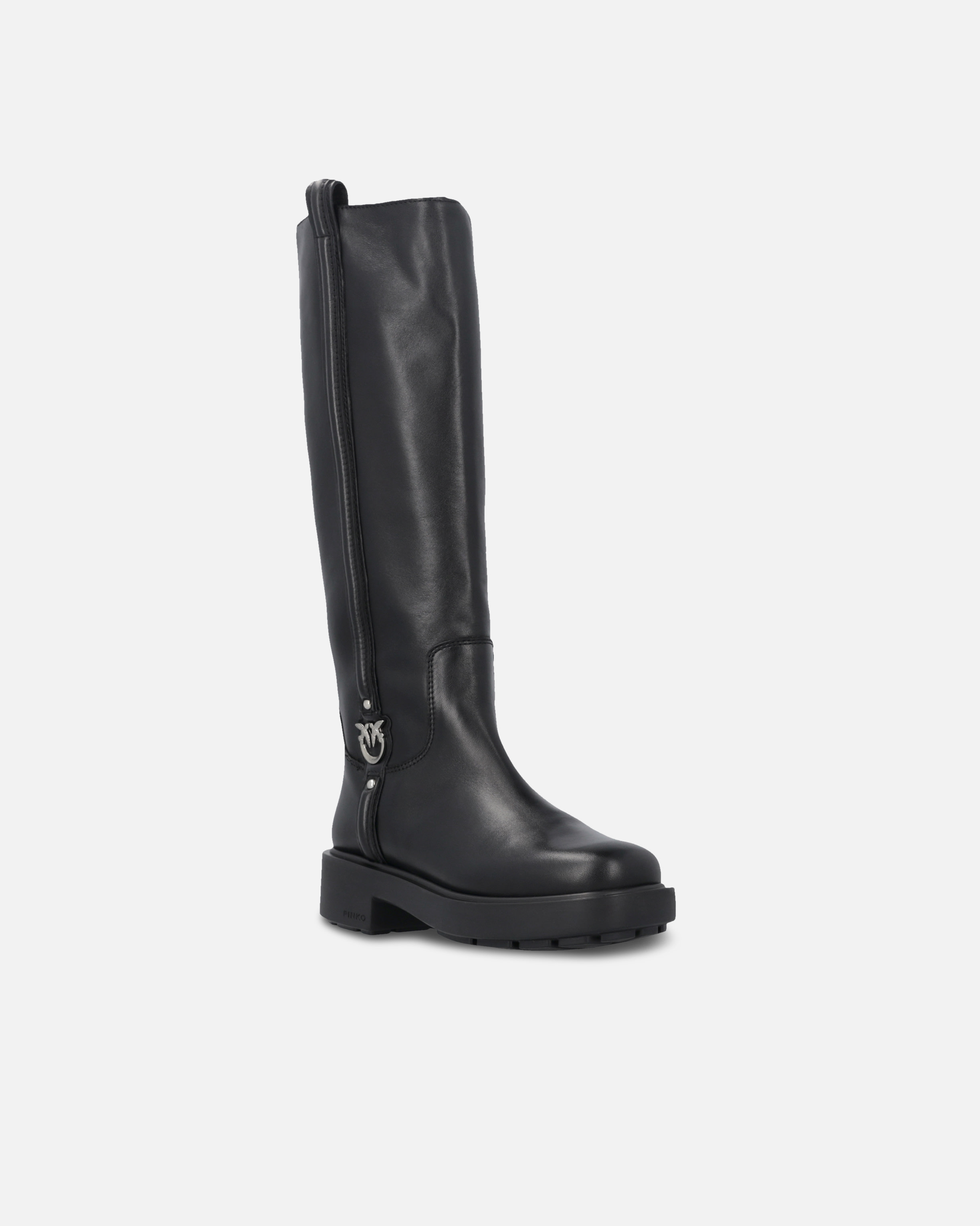 Pinko High Leather Boots With Logo Detail In Limo Black