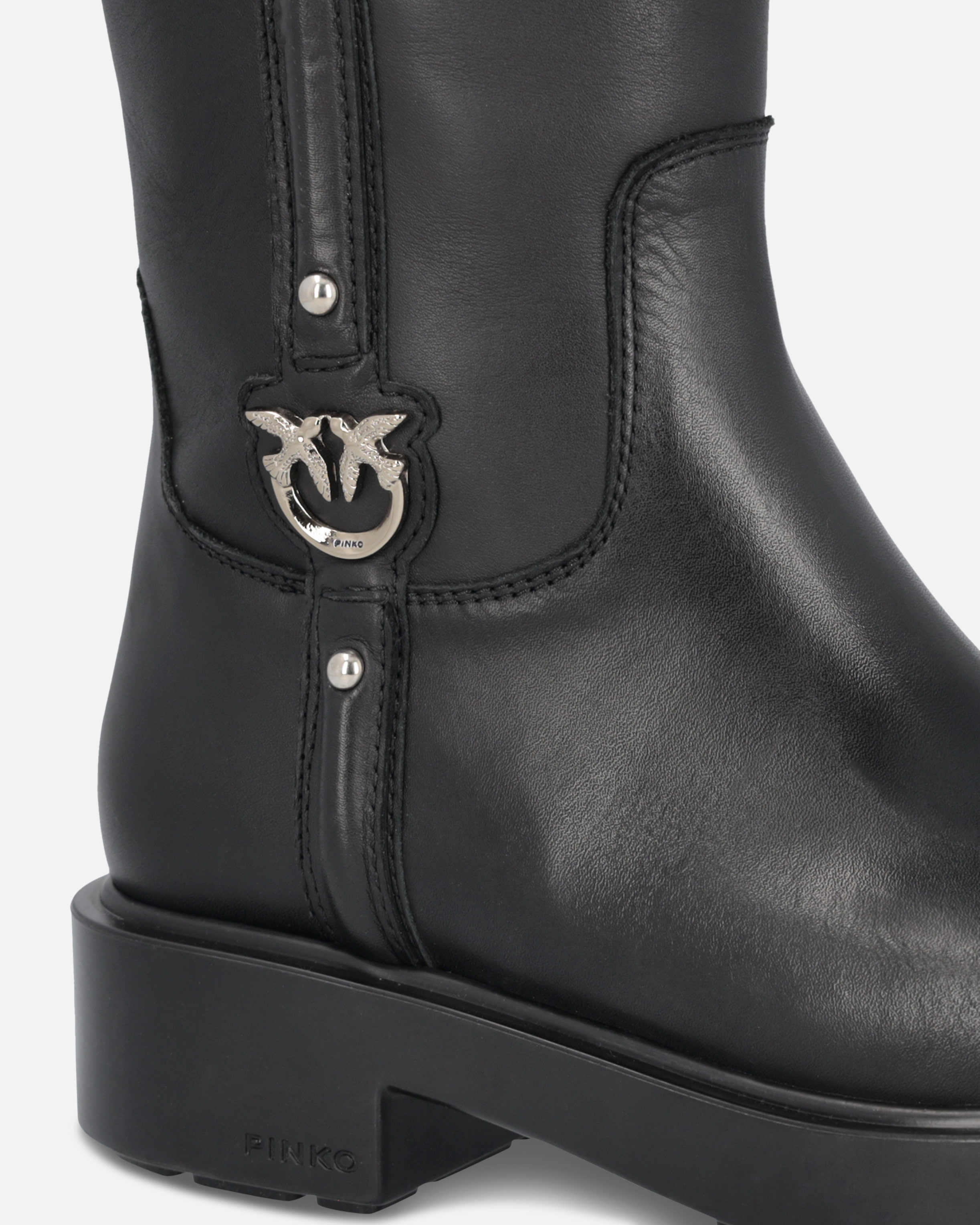 Pinko High Leather Boots With Logo Detail In Limo Black