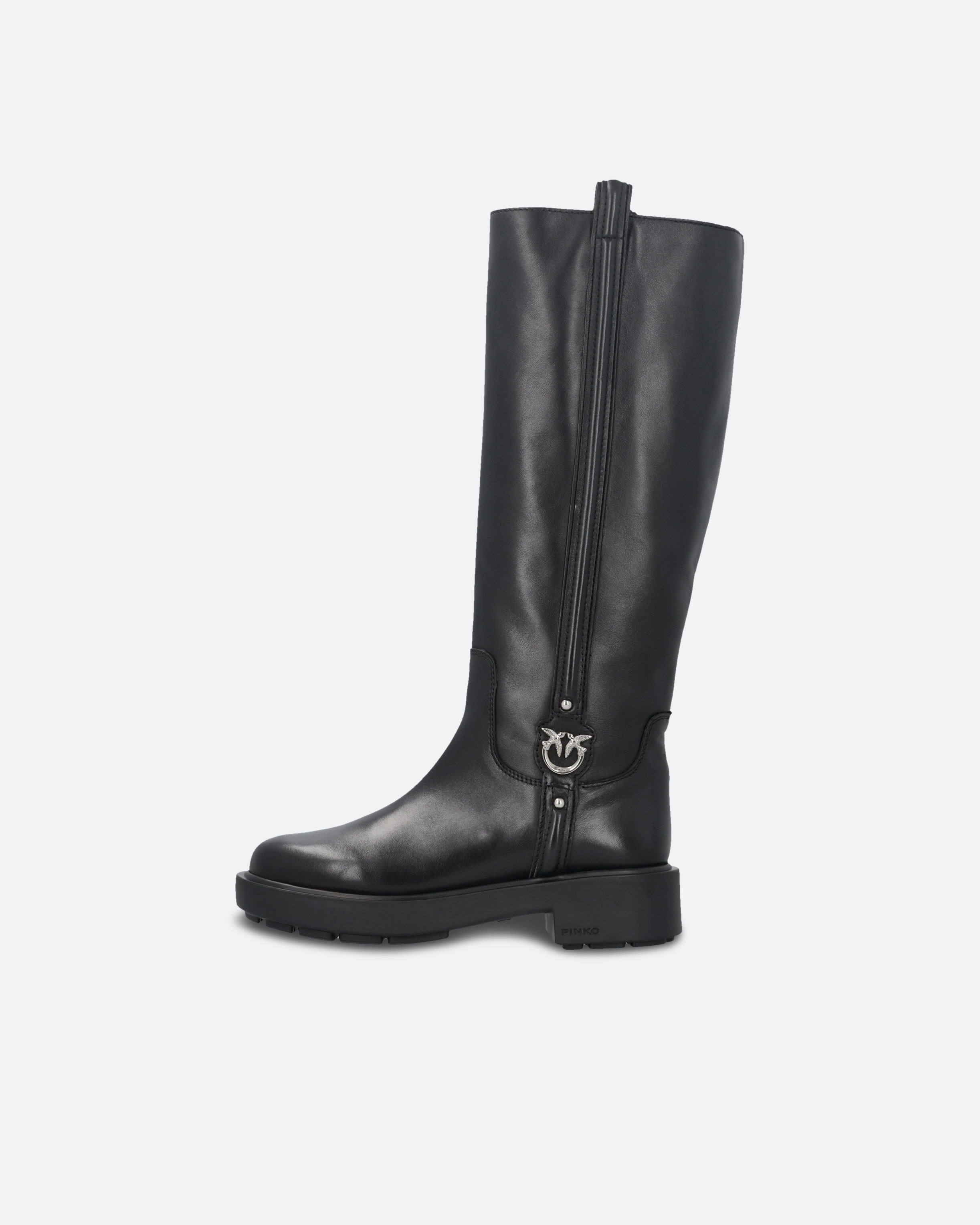 Pinko High Leather Boots With Logo Detail In Limo Black