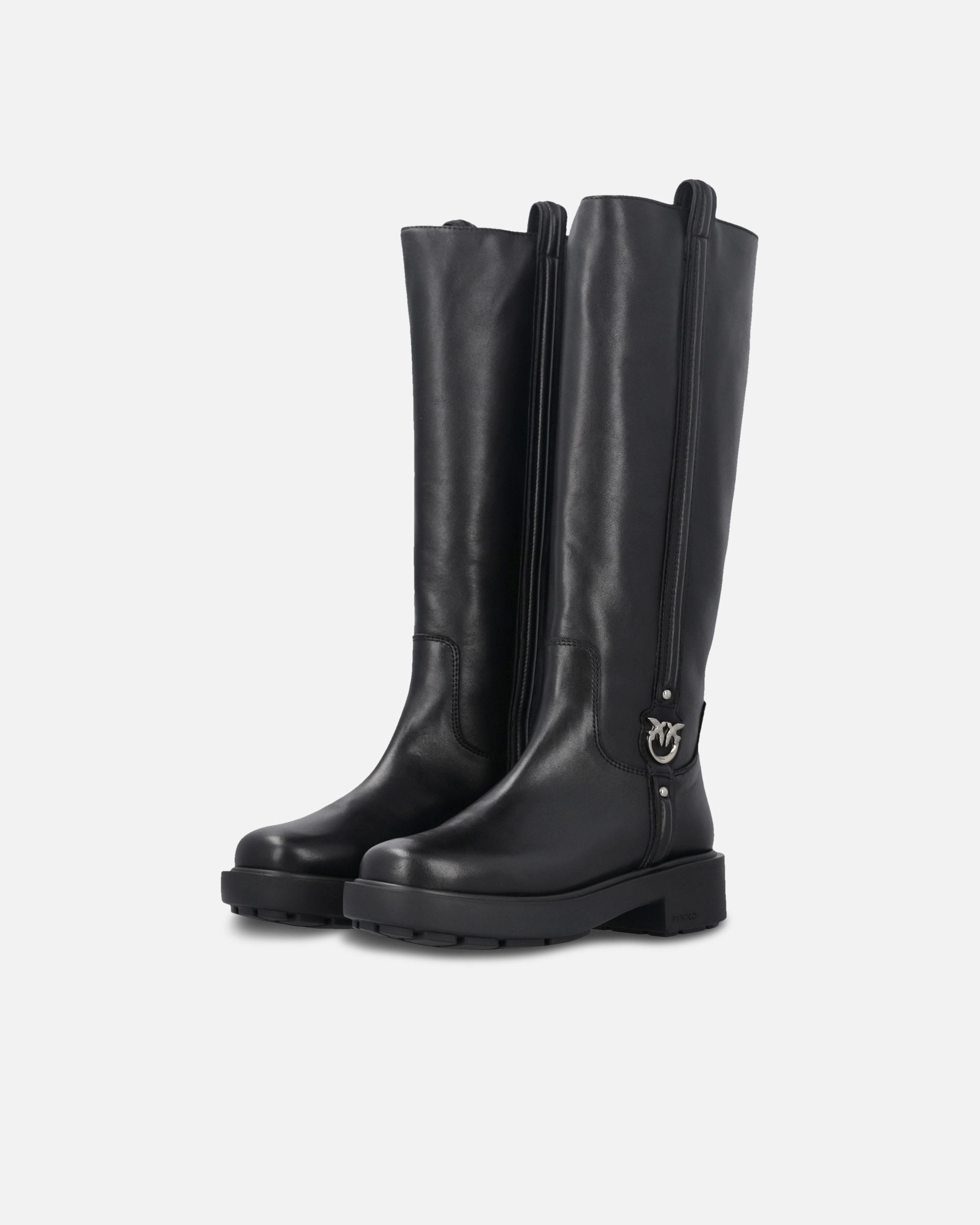 Pinko High Leather Boots With Logo Detail In Limo Black