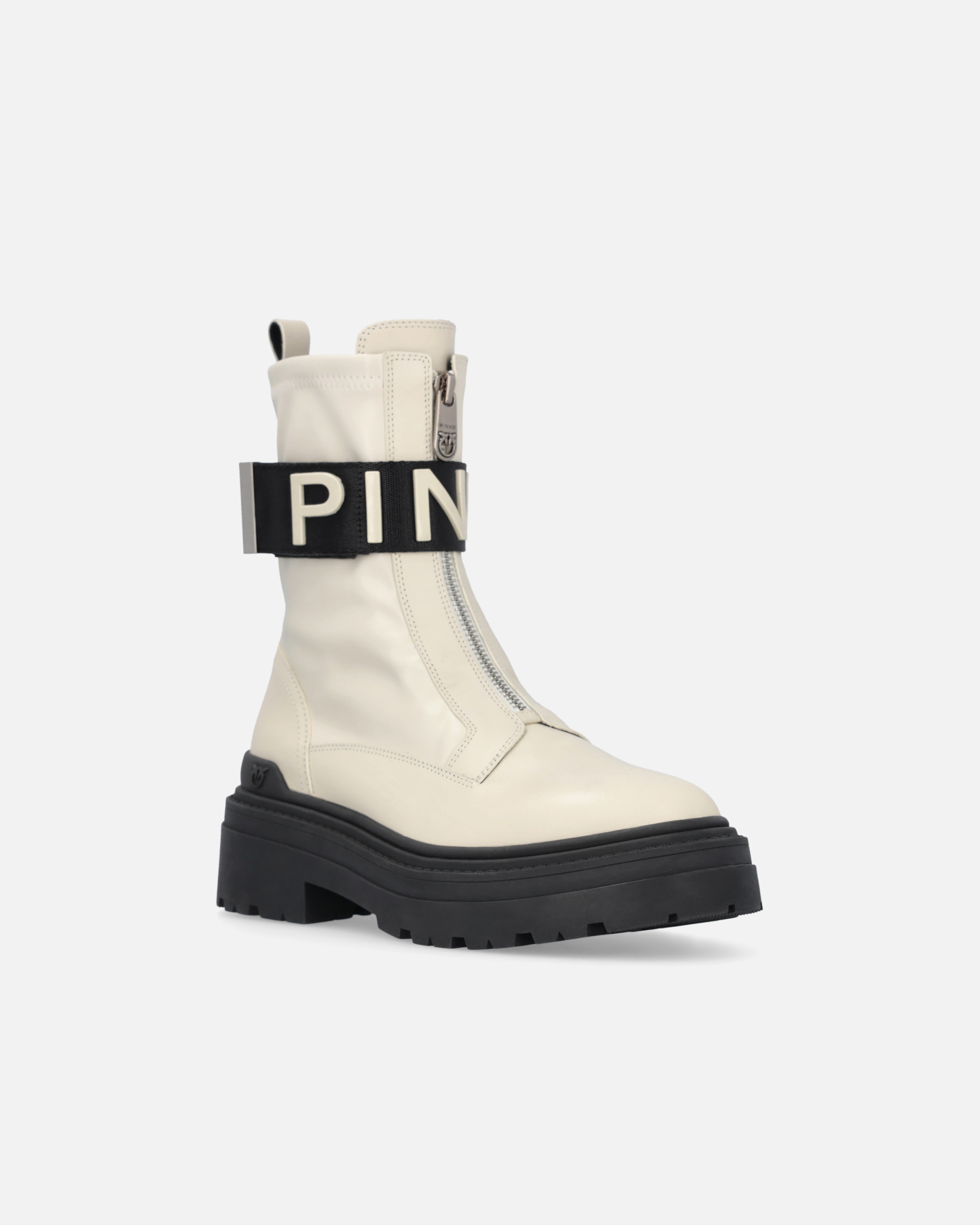 Pinko Leather Combat Boots With Branded Front Stretch Ribbon In White