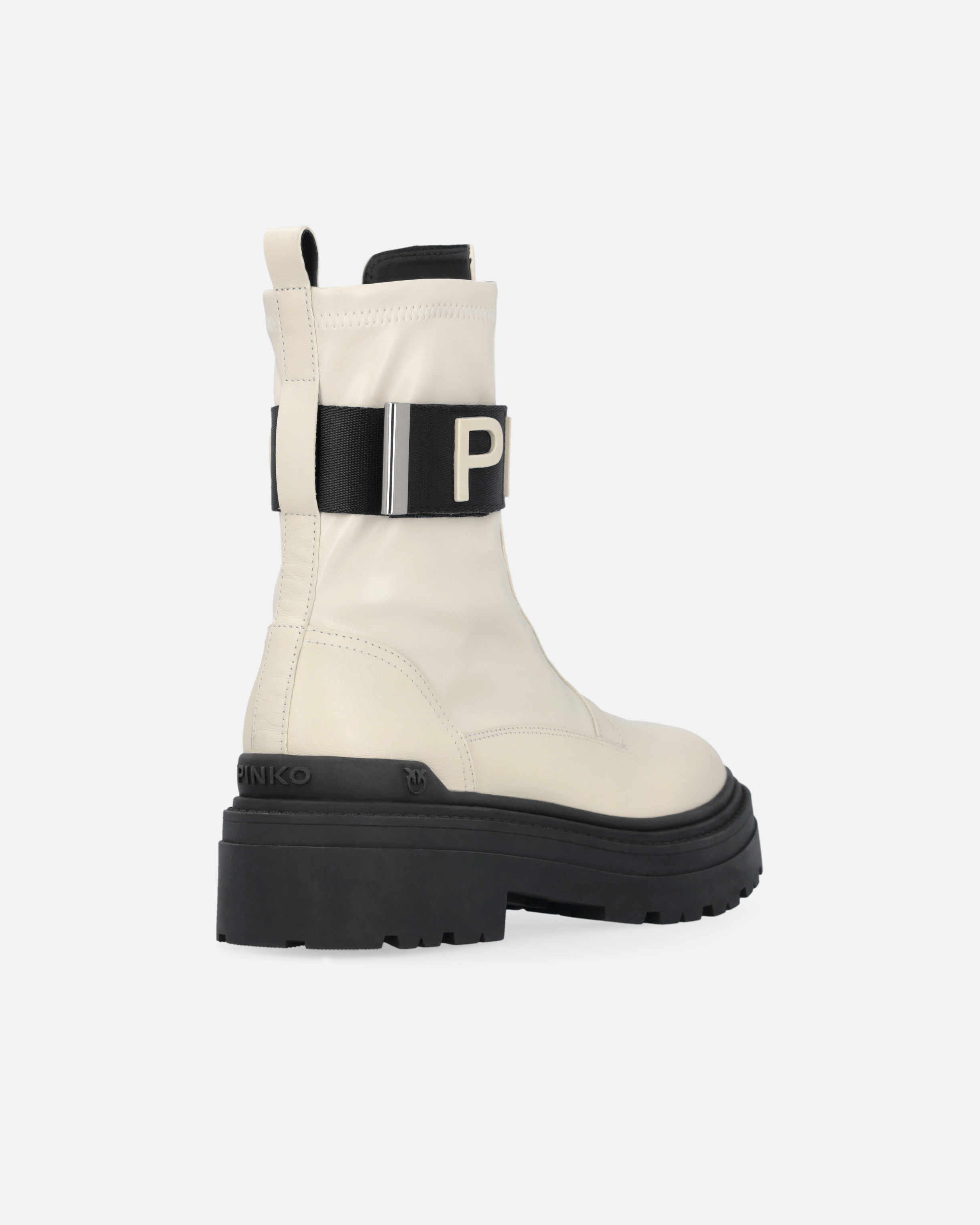 Pinko Leather Combat Boots With Branded Front Stretch Ribbon In White