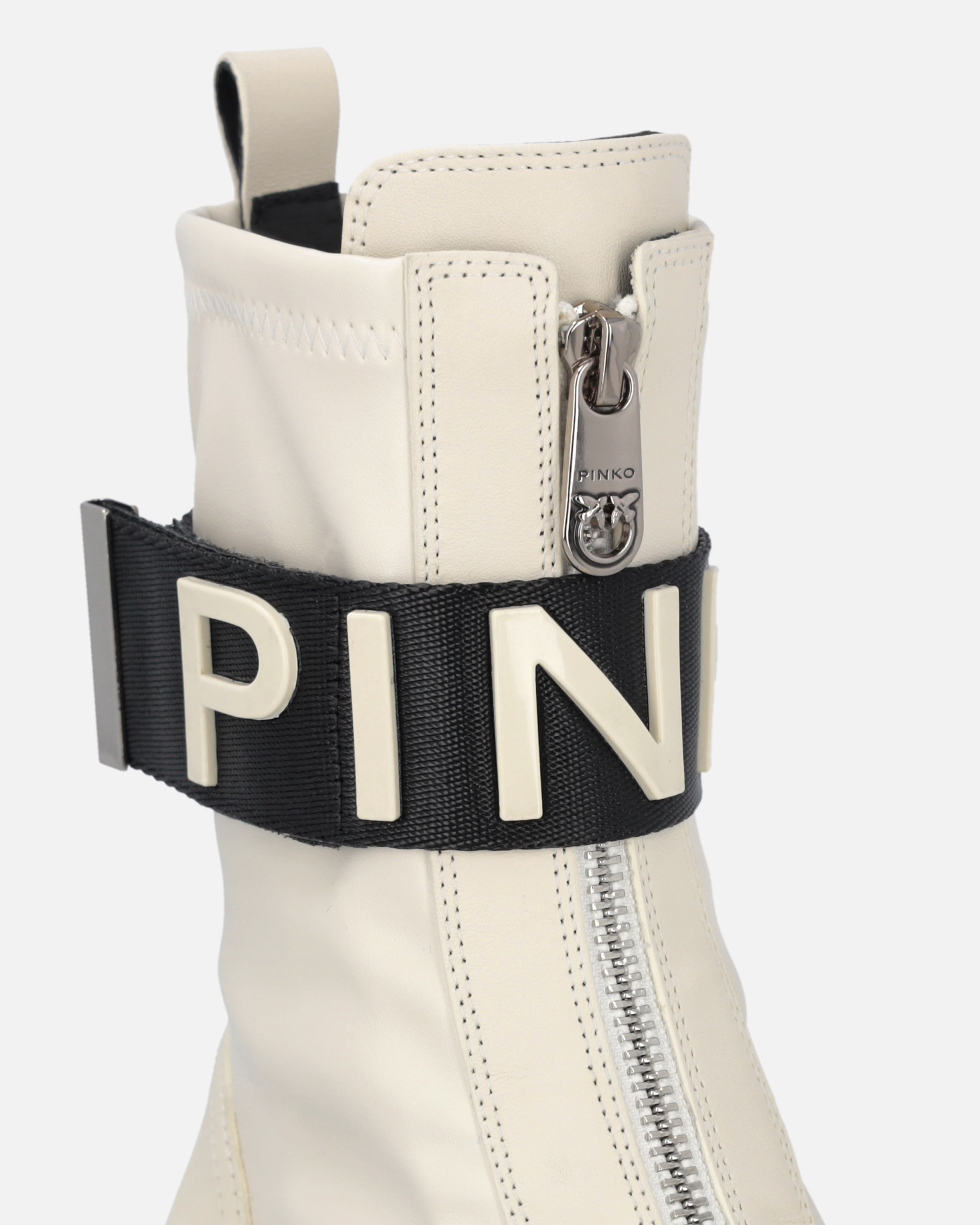 Pinko Leather Combat Boots With Branded Front Stretch Ribbon In White