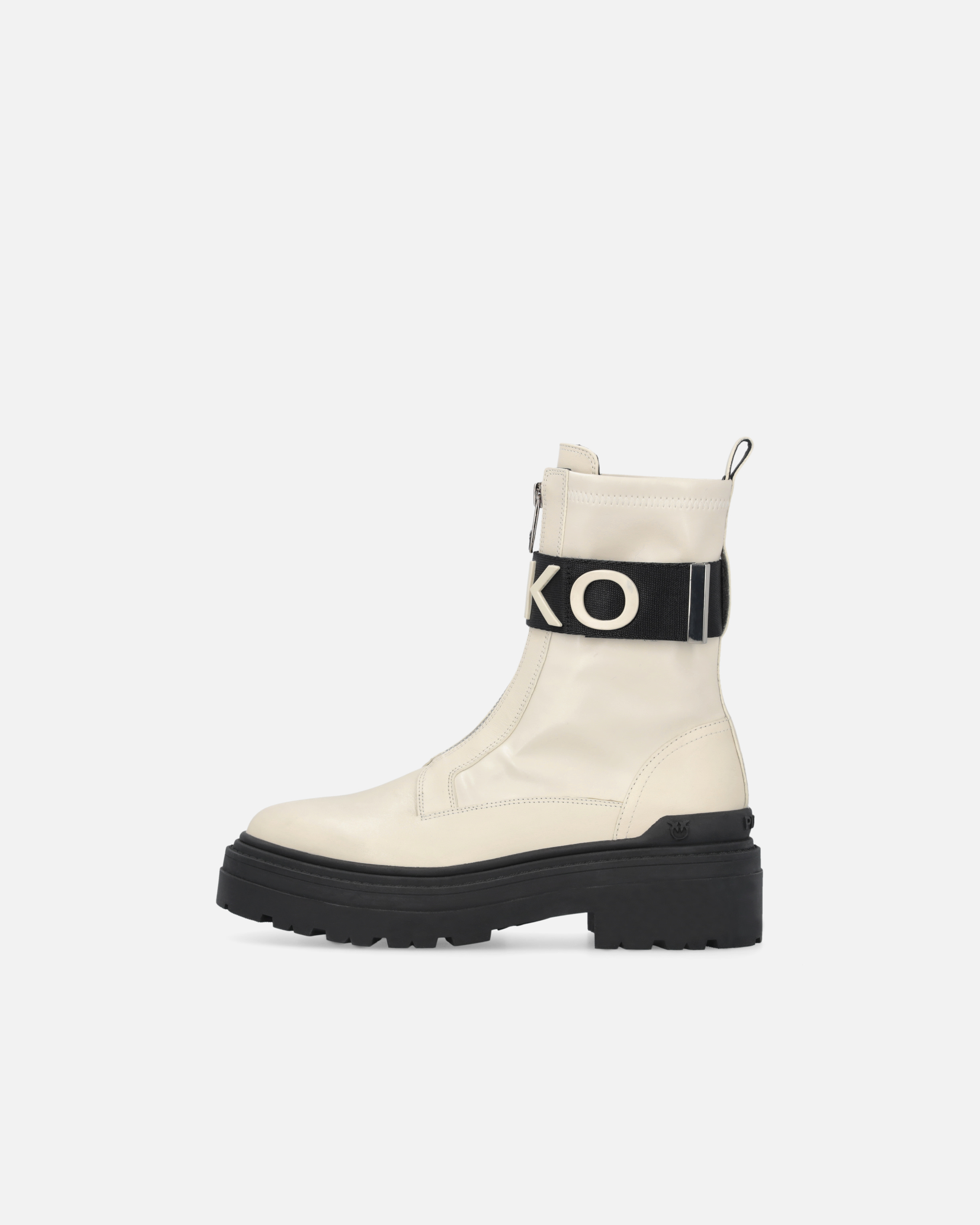Pinko Leather Combat Boots With Branded Front Stretch Ribbon In White