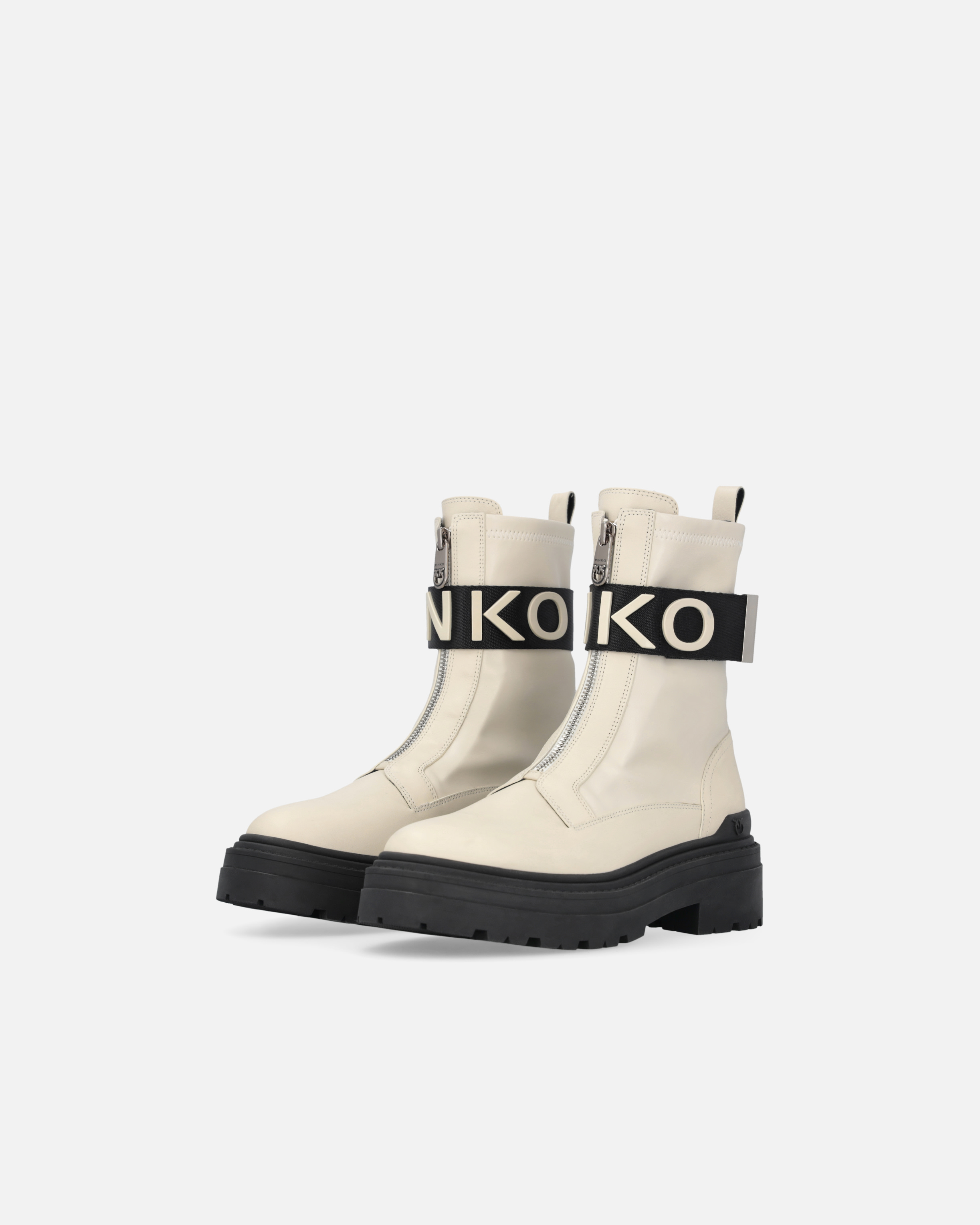 Pinko Leather Combat Boots With Branded Front Stretch Ribbon In White