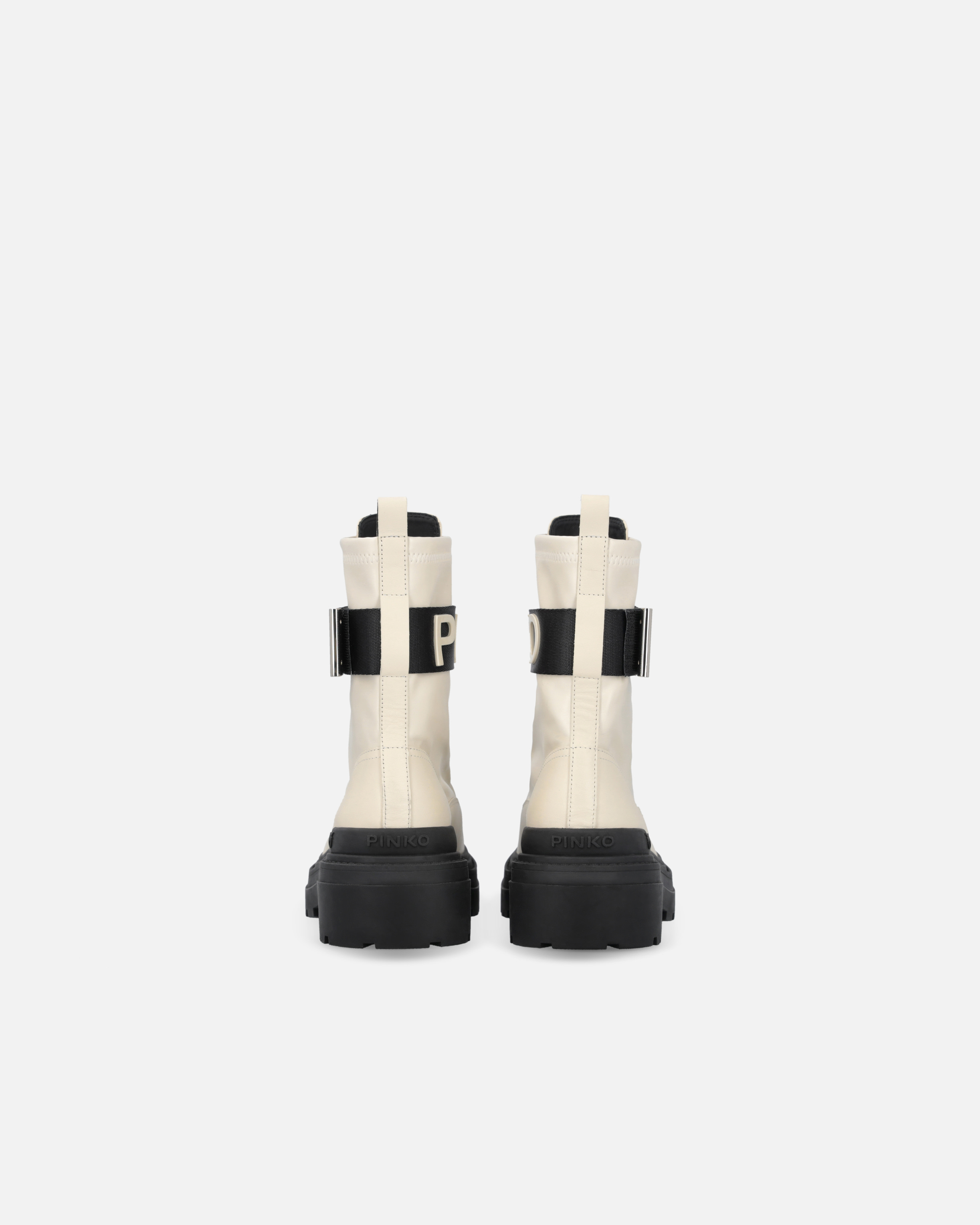 Pinko Leather Combat Boots With Branded Front Stretch Ribbon In White