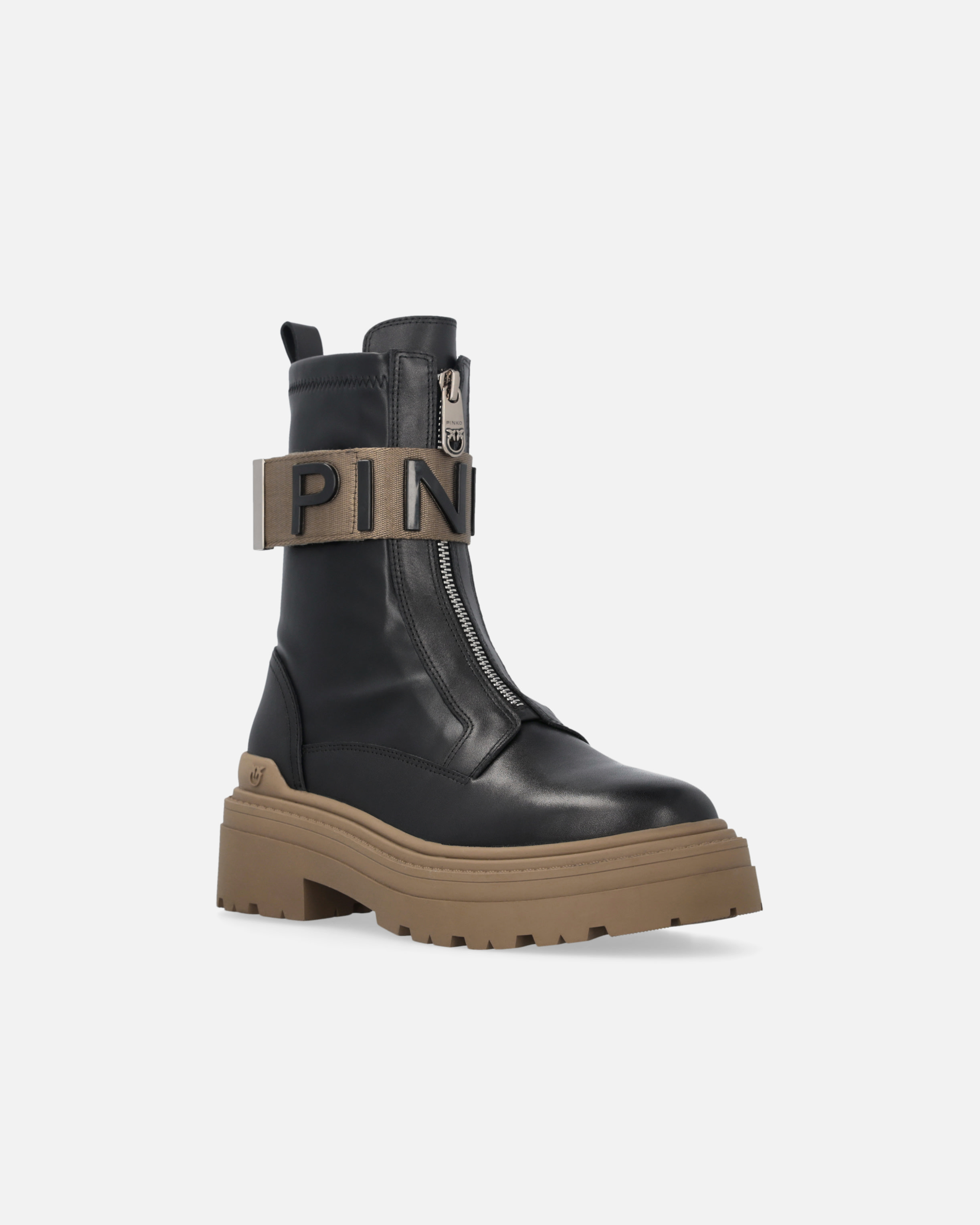 Pinko Leather Combat Boots With Branded Front Stretch Ribbon In Nero Limousine