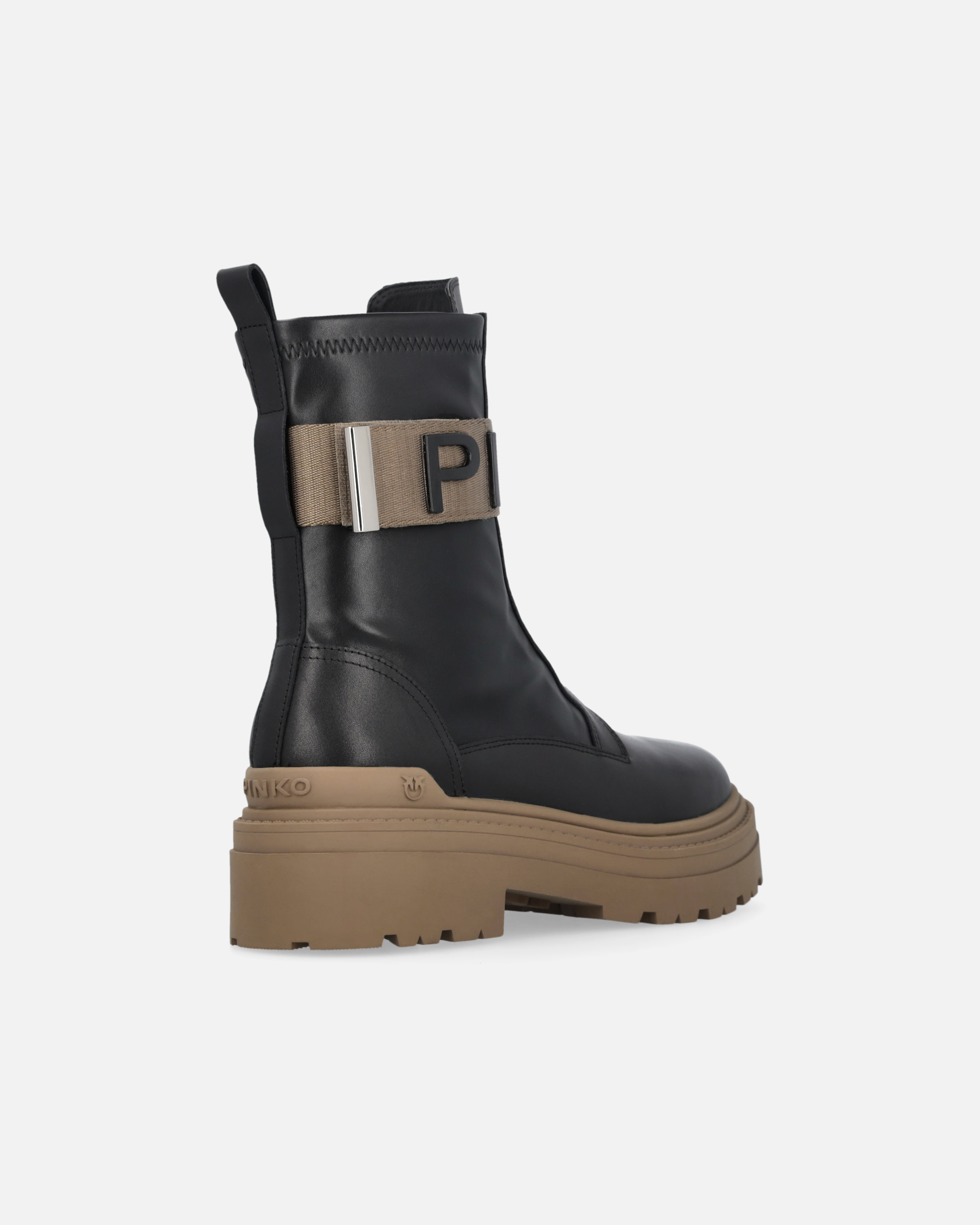 Pinko Leather Combat Boots With Branded Front Stretch Ribbon In Nero Limousine